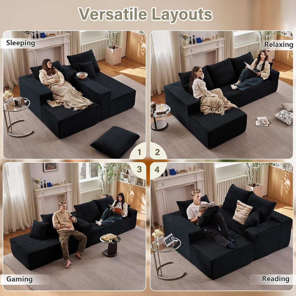 107' Cloud Sectional Couch with L-Shape Chaise, Modern Modular Comfy Sofa with Deep Seat, Upholstered Corduroy Couches Sleeper Chaise Longue for Living Room Bedroom, No Assembly Required, Black