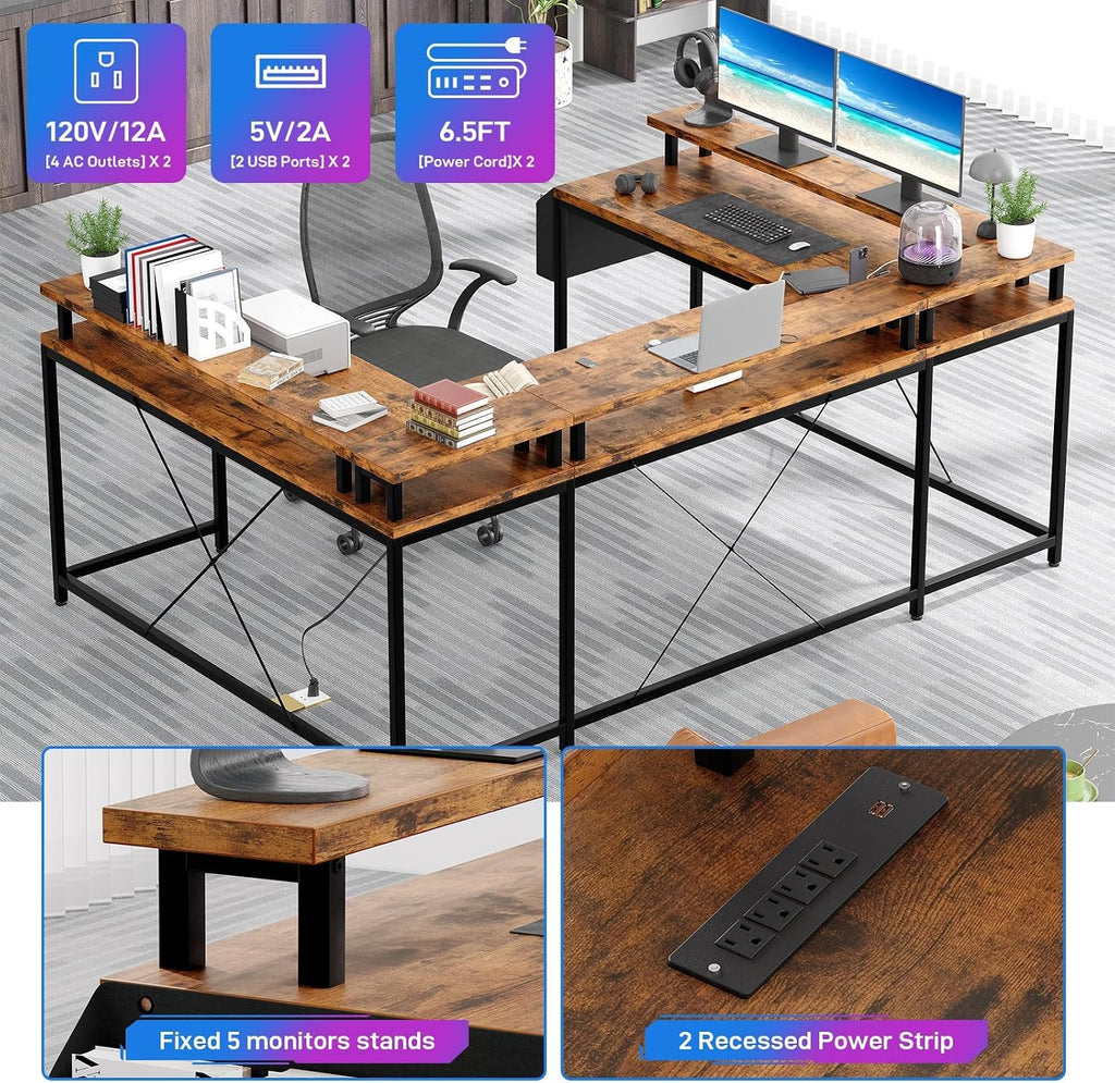 126' U Shaped Gaming Desk, Power Outlets & USB Ports, Reversible Corner Computer Desk with Monitor Stand, RGB LED Lights, Storage Shelves & Bag, Gaming Desk for Home Office, Tiger Stripes, Rustic Brow