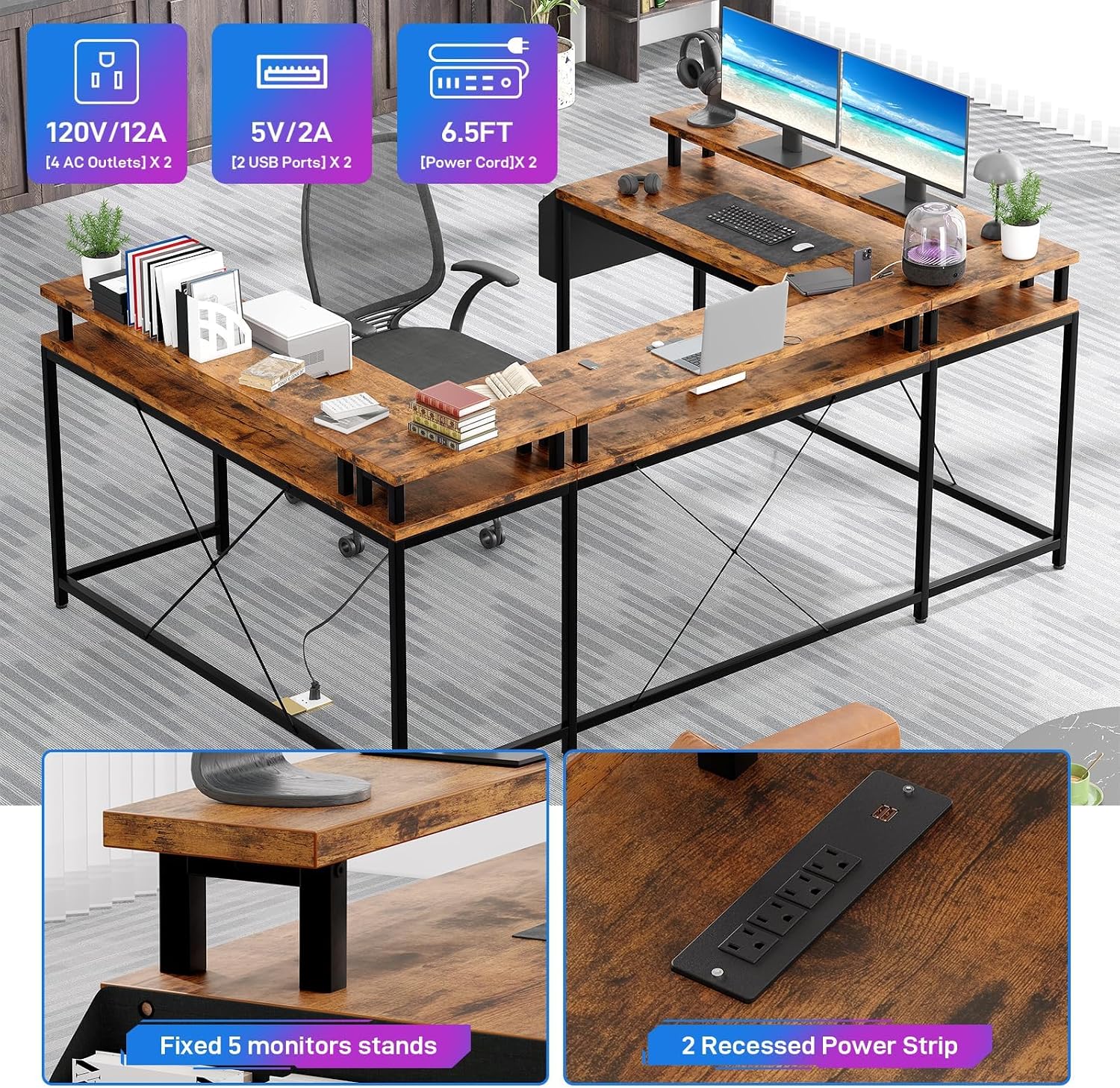 126' U Shaped Gaming Desk, Power Outlets & USB Ports, Reversible Corner Computer Desk with Monitor Stand, RGB LED Lights, Storage Shelves & Bag, Gaming Desk for Home Office, Tiger Stripes, Rustic Brow