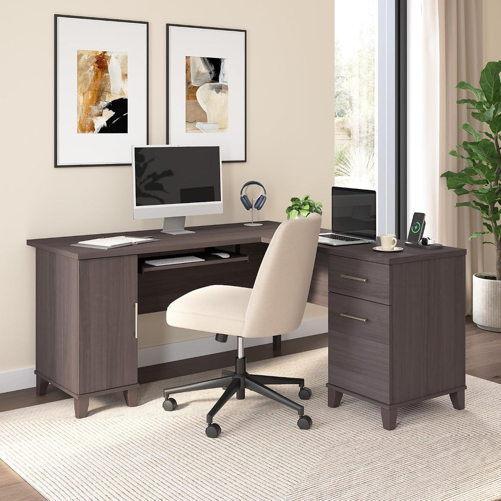 Bush Furniture 60-inch L Shaped Desk with Storage, Spacious Corner Computer Table for Home Office, Somerset Collection, Storm Gray