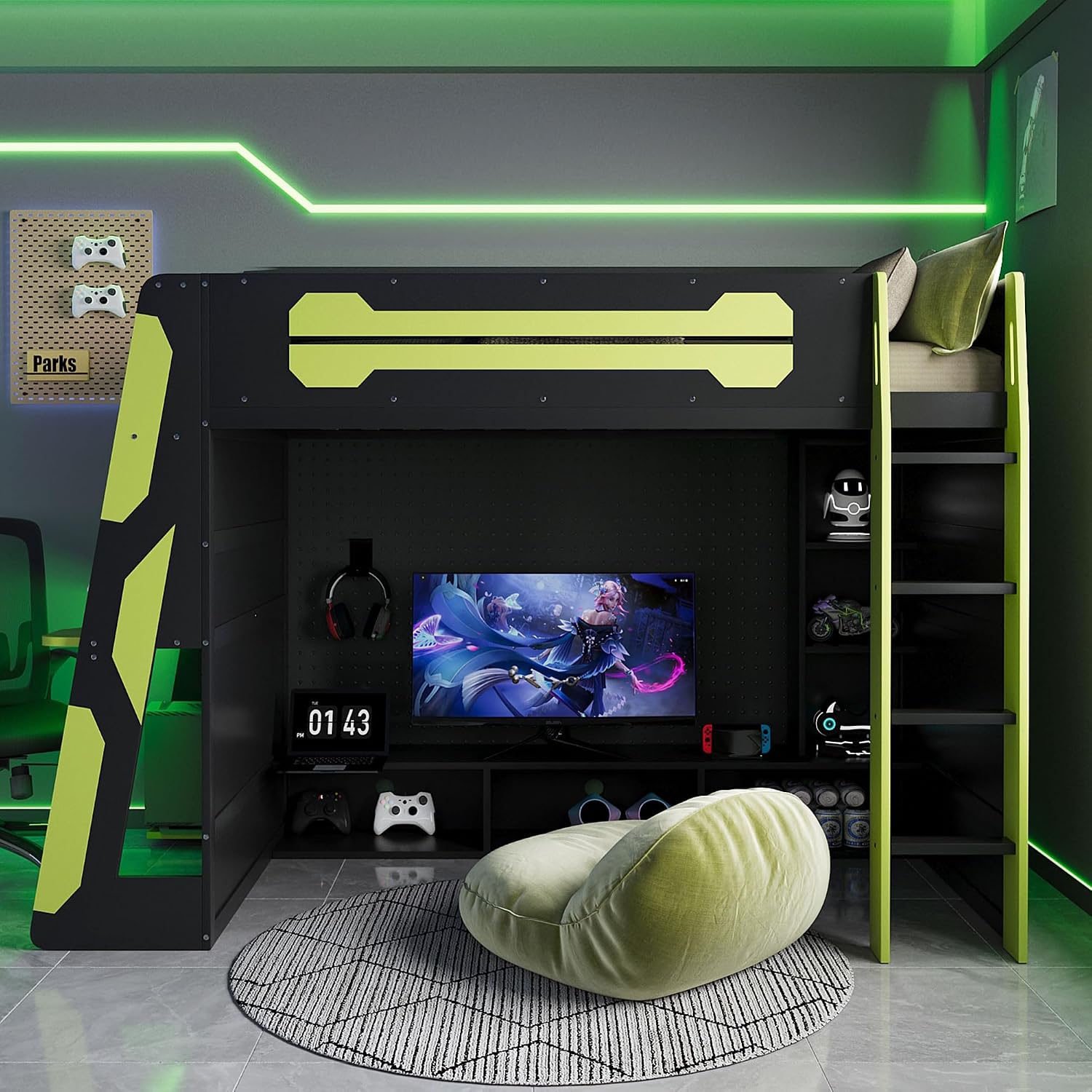 LUMISOL Twin Size Gaming Loft Bed with Desk, RGB LED Lights & Charging Stations, Wood Loft Bed Frame with Storage Bookshelves for Kids, Teens & Adults, Green + Black