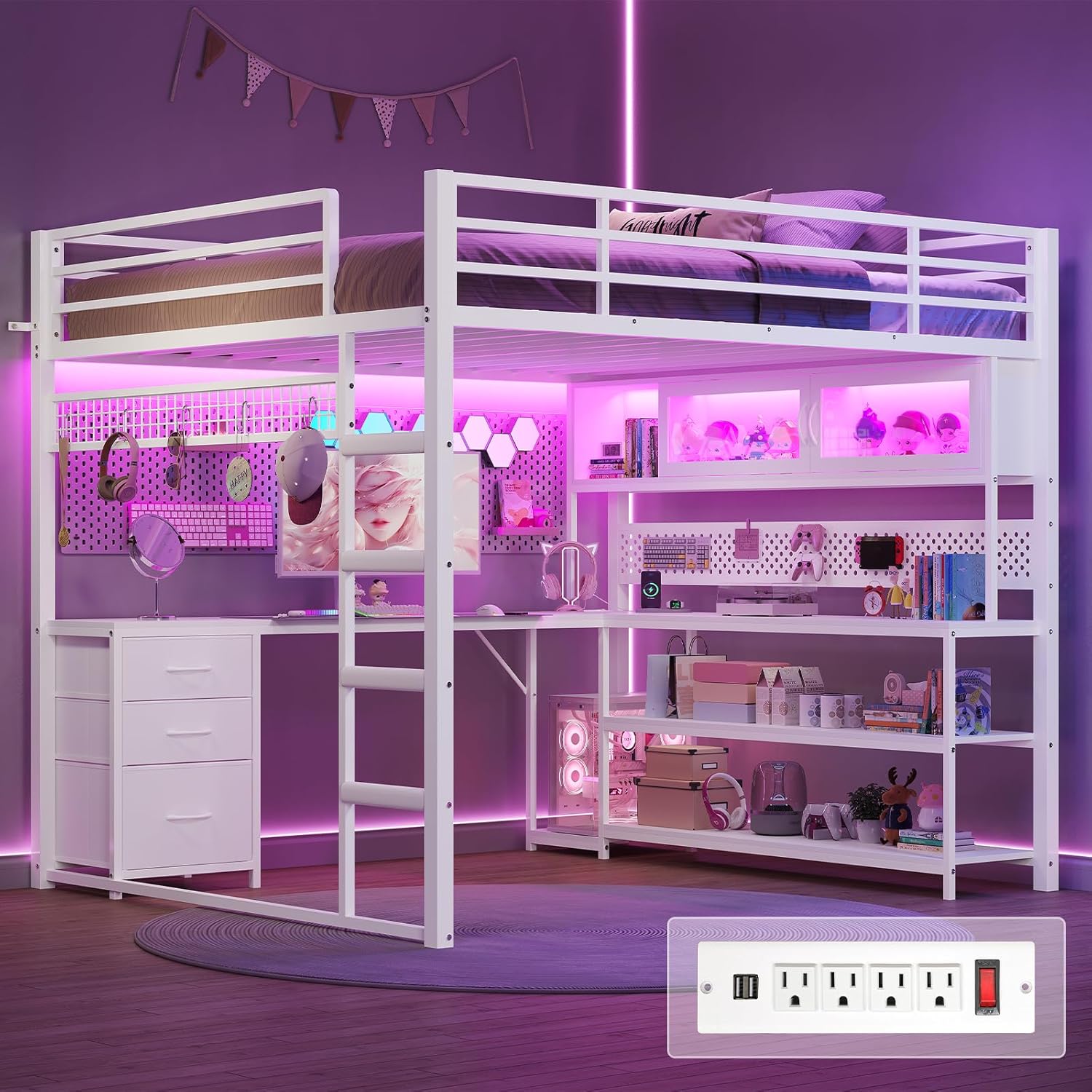 ADORNEVE Loft Bed Full Size with L-Shaped Gaming Desk, Arcylic RGB Hutch & Safety Charging Station, Metal Loft Bed with Storage Drawer, Safety Guardrail & Ladder, Space Saving for Teen Girls, White