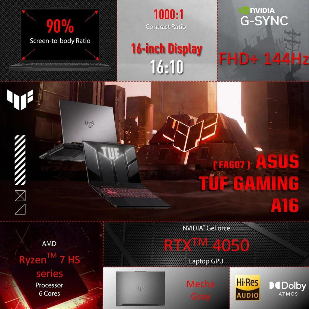 ASUS TUF A16 Gaming Laptop, 16' WUXGA 144Hz 16:10 Display, AMD R7-7445HS(>Intel i7-13700), NVIDIA RTX 4050, 32GB DDR5 RAM, 2 TB PCIE SSD, Backlit KB, AI Noise-Cancellation, W/128GB PSD, Win 11 H