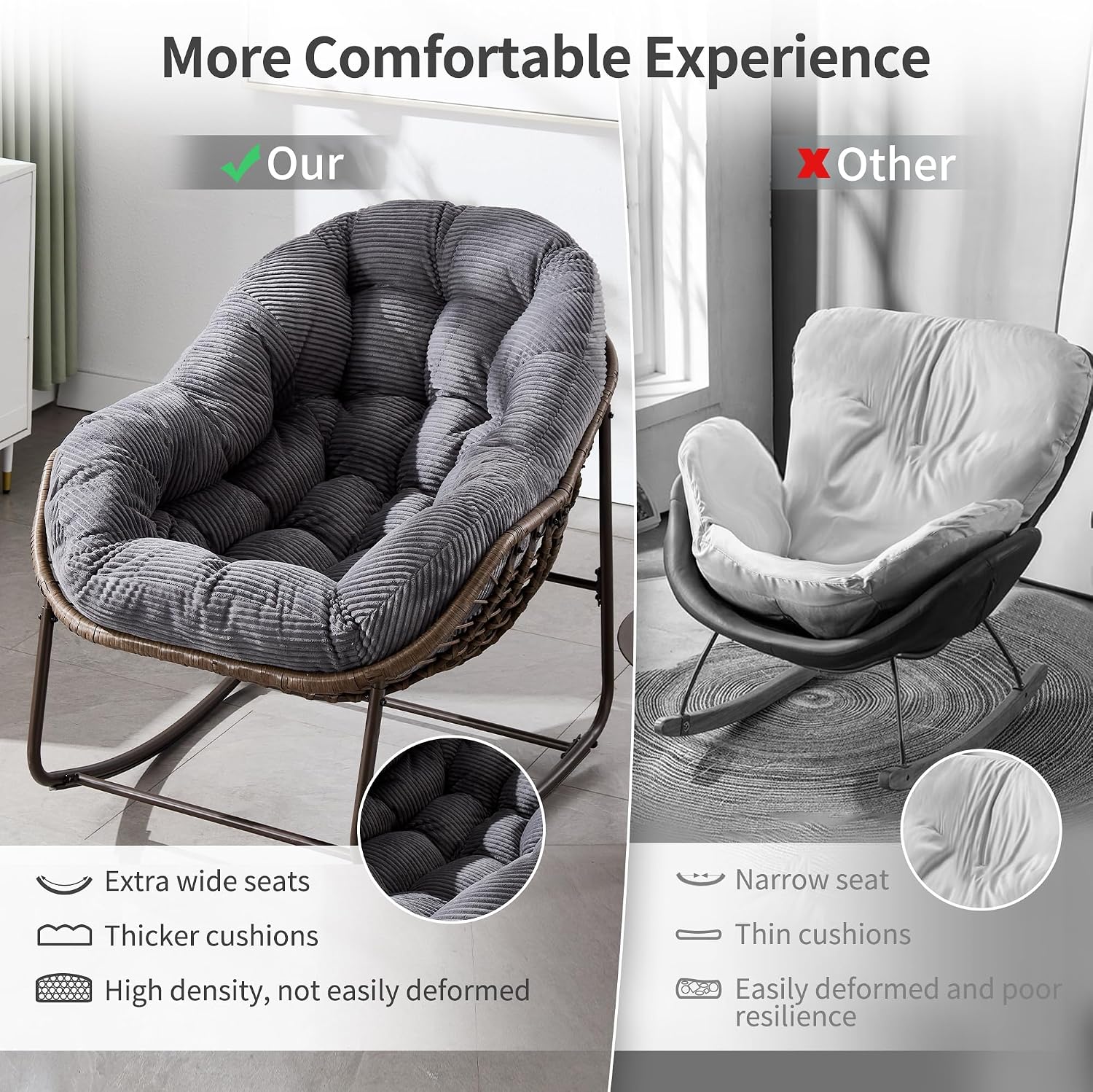 HOMEFUN Outdoor Patio Rocking Chairs, Oversized Papasan Rock Chair Indoor with Striped Velvet Padded Cushion - Rocker Egg Seat for Front Porch, Garden, Patio, Backyard Grey