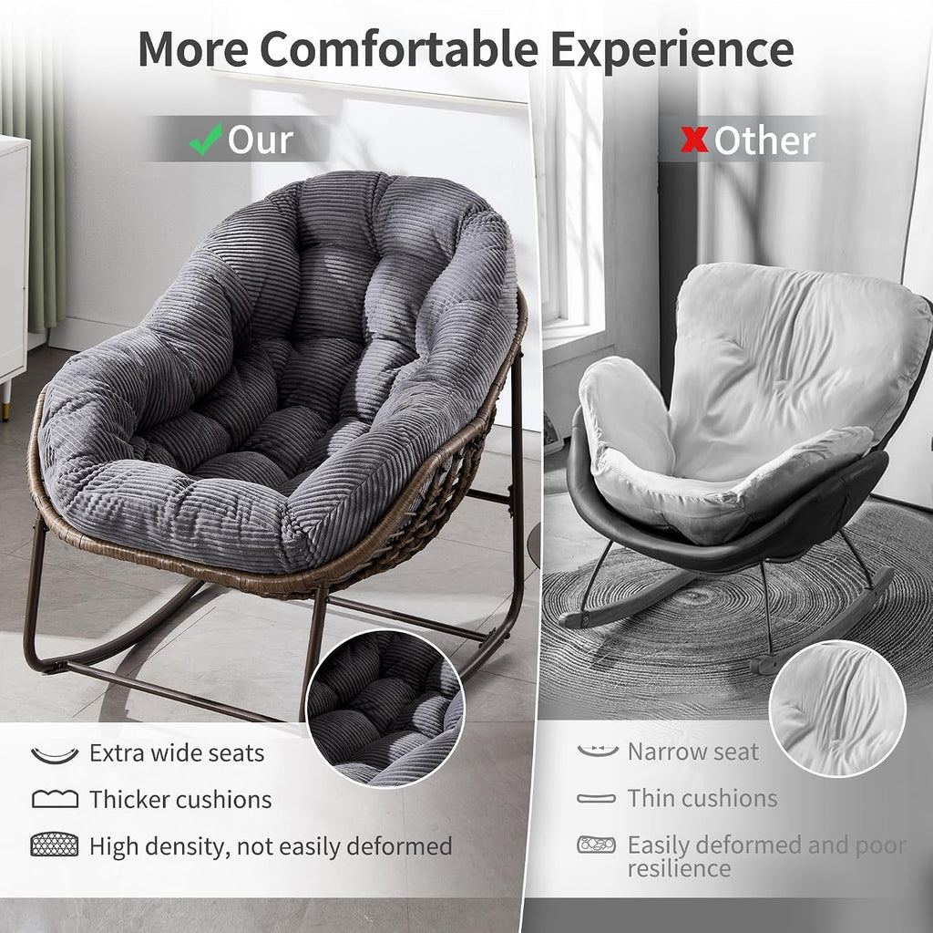 HOMEFUN Outdoor Patio Rocking Chairs Set of 2, Oversized Papasan Rock Chair Indoor with Striped Velvet Padded Cushion - Rocker Egg Seat for Front Porch, Garden, Patio, Backyard Grey