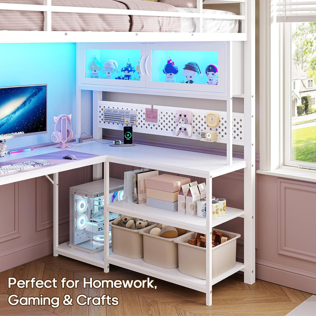 ADORNEVE Gaming Loft Bed Twin Size with L-Shaped Desk, Storage Drawers & RGB Arcylic Hutch, Expanded Safety Power Outlet, Metal LED Loft Bed Frame with Wide Ladder, for Teen Girls, White