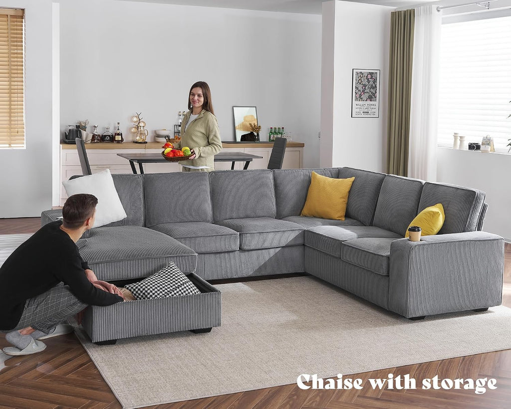 AMERLIFE 112 Inch U Shaped Couch, Oversized Couch with Storage Chaise & Cup Holders, Sectional Sofa with USB & Type-C Charging Ports, Corduroy Grey