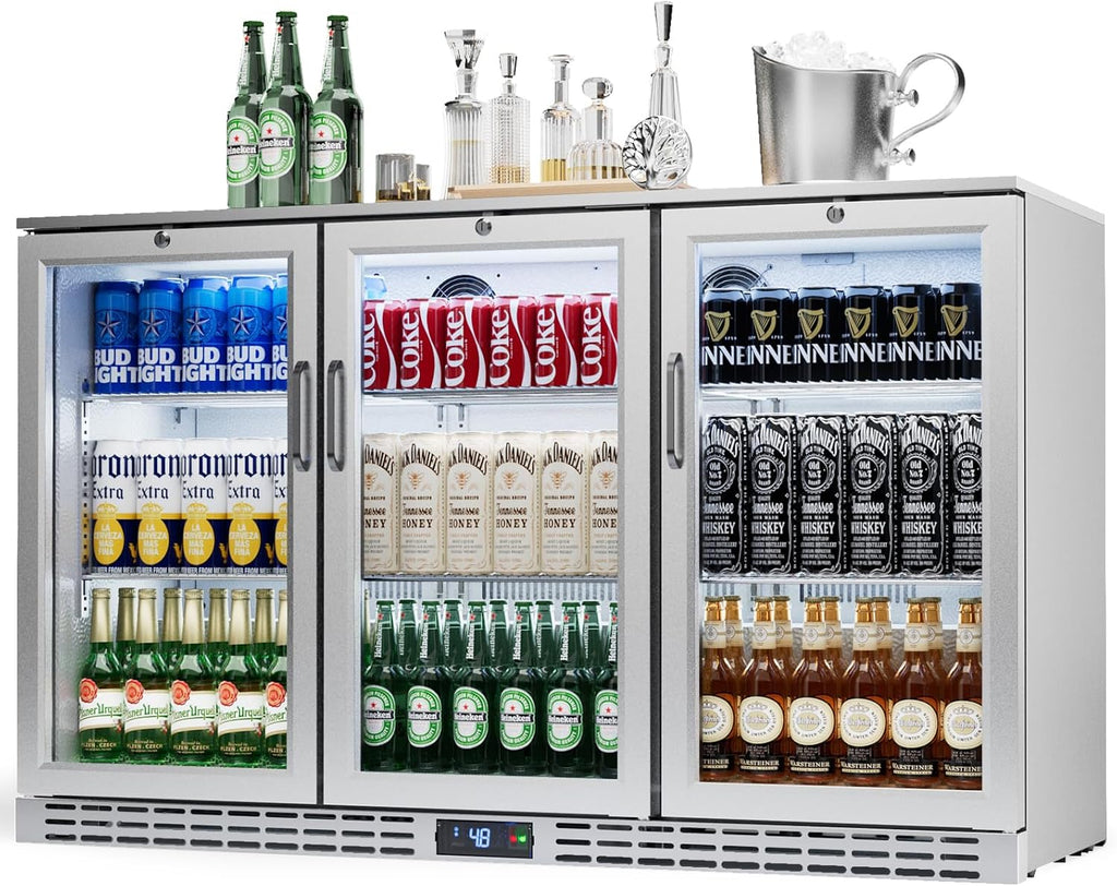 53 inch 11.7 cu.ft Back Bar Cooler Commercial Counter Height Beverage Refrigerator with 3 Glass Doors & LED Lighting, Stainless Steel Beer Fridge for Home Bar Restaurant, Sliver, 115V, ETL Approved