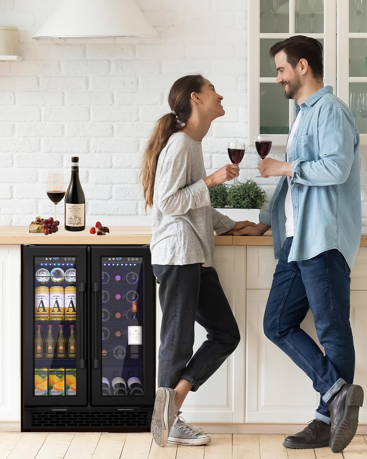 French Door Beverage Refrigerator: 160 Cans & 20 Wine Bottles Capacity, Dual Zone Cooling for Beer, Soda, and Wine, For Kitchen/Bar Use
