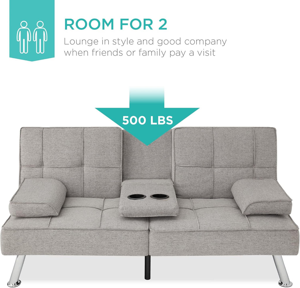 Best Choice Products Linen Modern Folding Futon, Reclining Sofa Bed for Apartment, Dorm w/Removable Armrests, 2 Cupholders - Light Gray