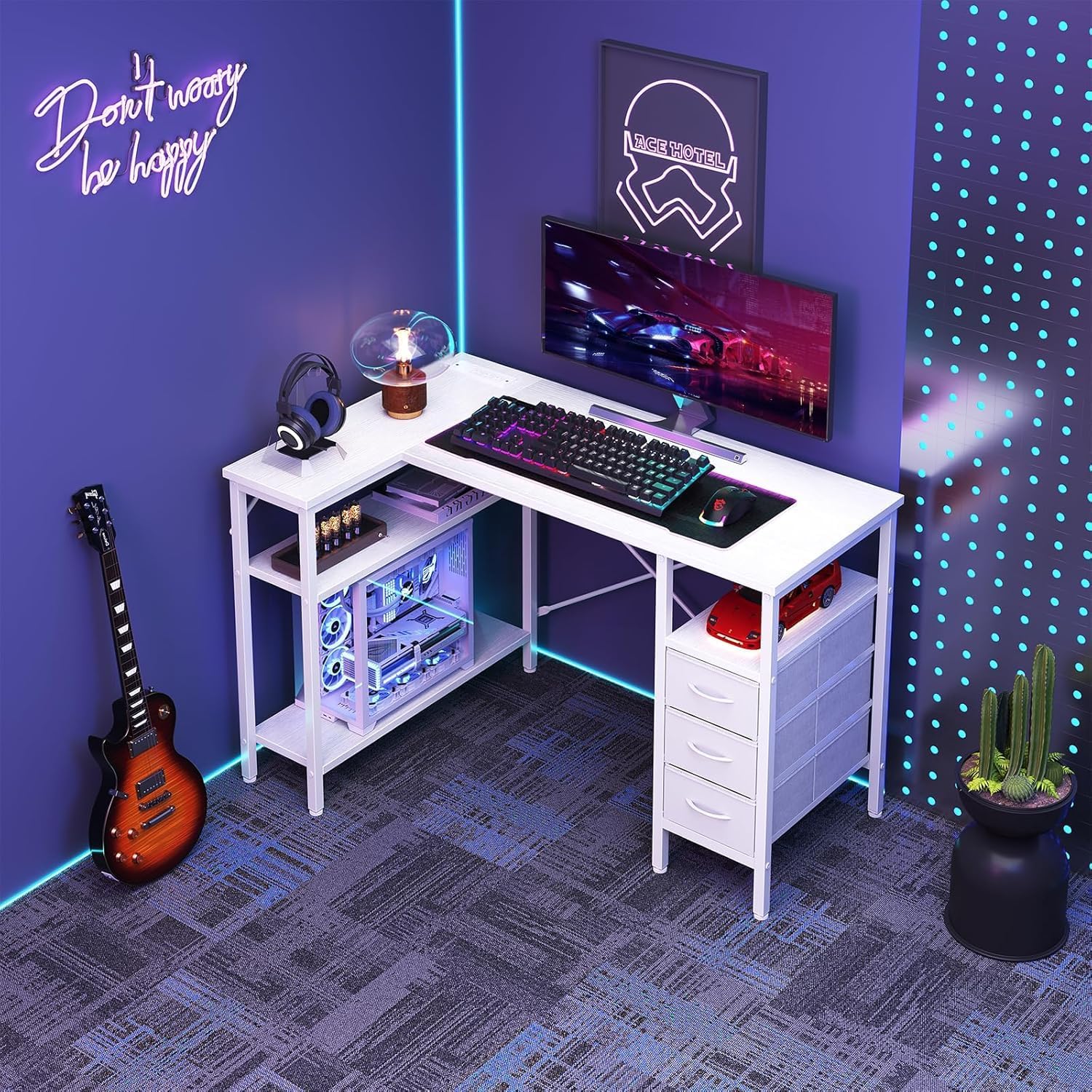 Alpen L Shaped Gaming Desk with Power Outlets, 47 Inch Computer Desk with 3 Drawers and Shelves, Corner Desk for Gaming, Study Writing PC Table with Storage and Reversible Shelf, White