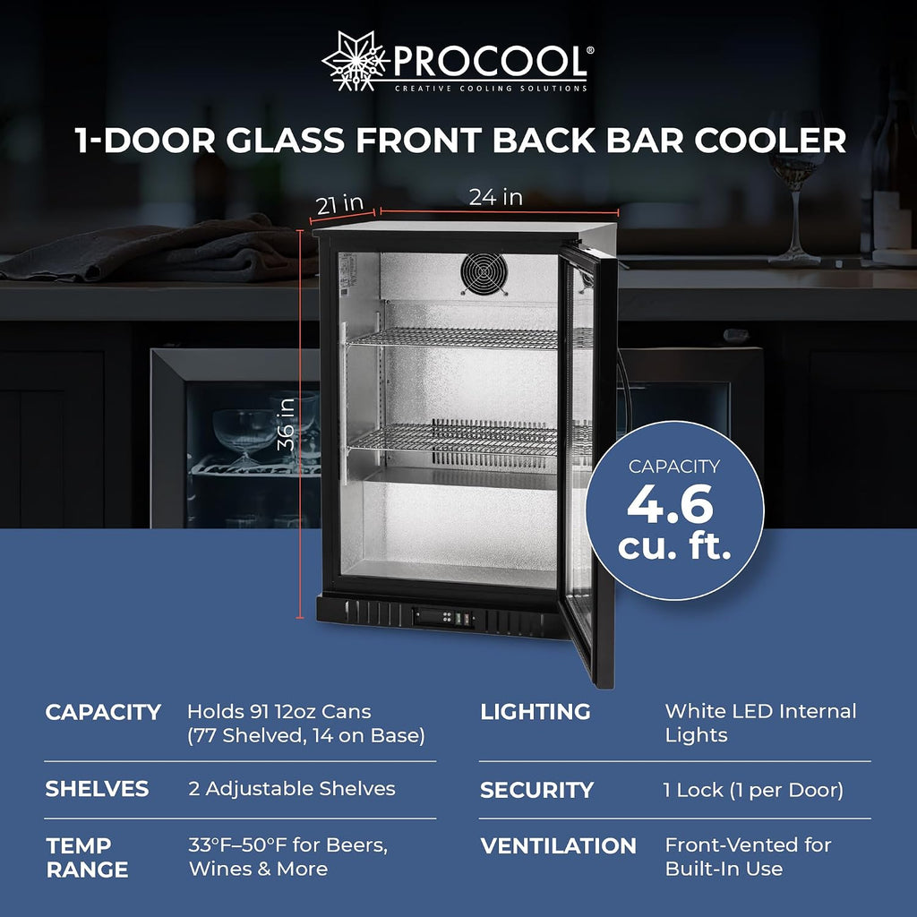 Procool 1-Door Counter Height Beverage Refrigerator - 24' Wide Energy Efficient Black Bar Fridge With Glass Door & LED Lighting - Commercial Back Bar Cooler