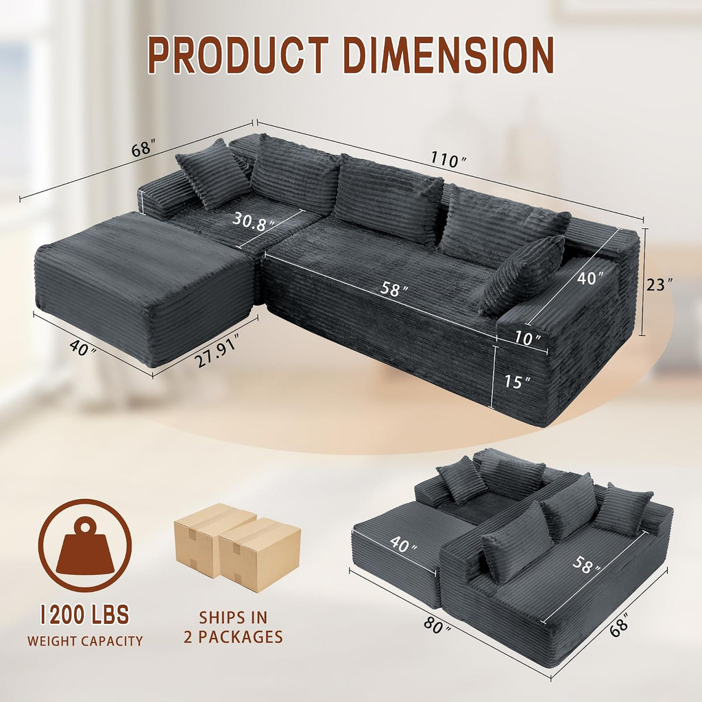 Korser 110' L-Shaped Modular Sectional Sofa with Chaise, Boneless Comfy Corduroy Fluffy Couch with Deep Seat and Side Pockets, Flexible Module Combination for Living Room, No Assembly, Side Pockets