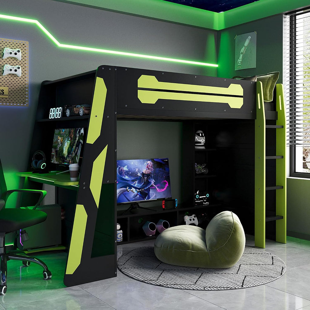 LUMISOL Twin Size Gaming Loft Bed with Desk, RGB LED Lights & Charging Stations, Wood Loft Bed Frame with Storage Bookshelves for Kids, Teens & Adults, Green + Black
