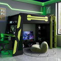 LUMISOL Twin Size Gaming Loft Bed with Desk, RGB LED Lights & Charging Stations, Wood Loft Bed Frame with Storage Bookshelves for Kids, Teens & Adults, Green + Black