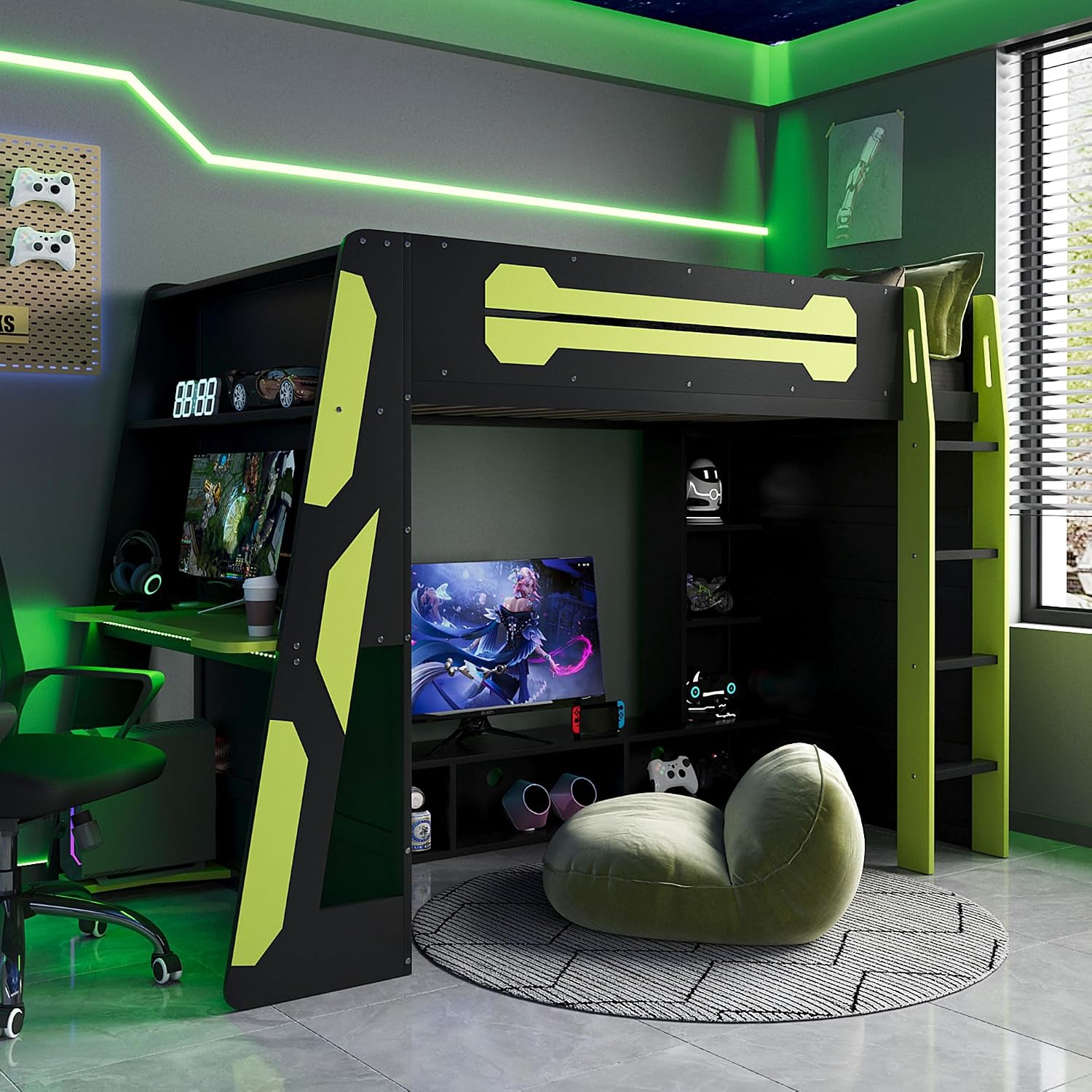 LUMISOL Twin Size Gaming Loft Bed with Desk, RGB LED Lights & Charging Stations, Wood Loft Bed Frame with Storage Bookshelves for Kids, Teens & Adults, Green + Black