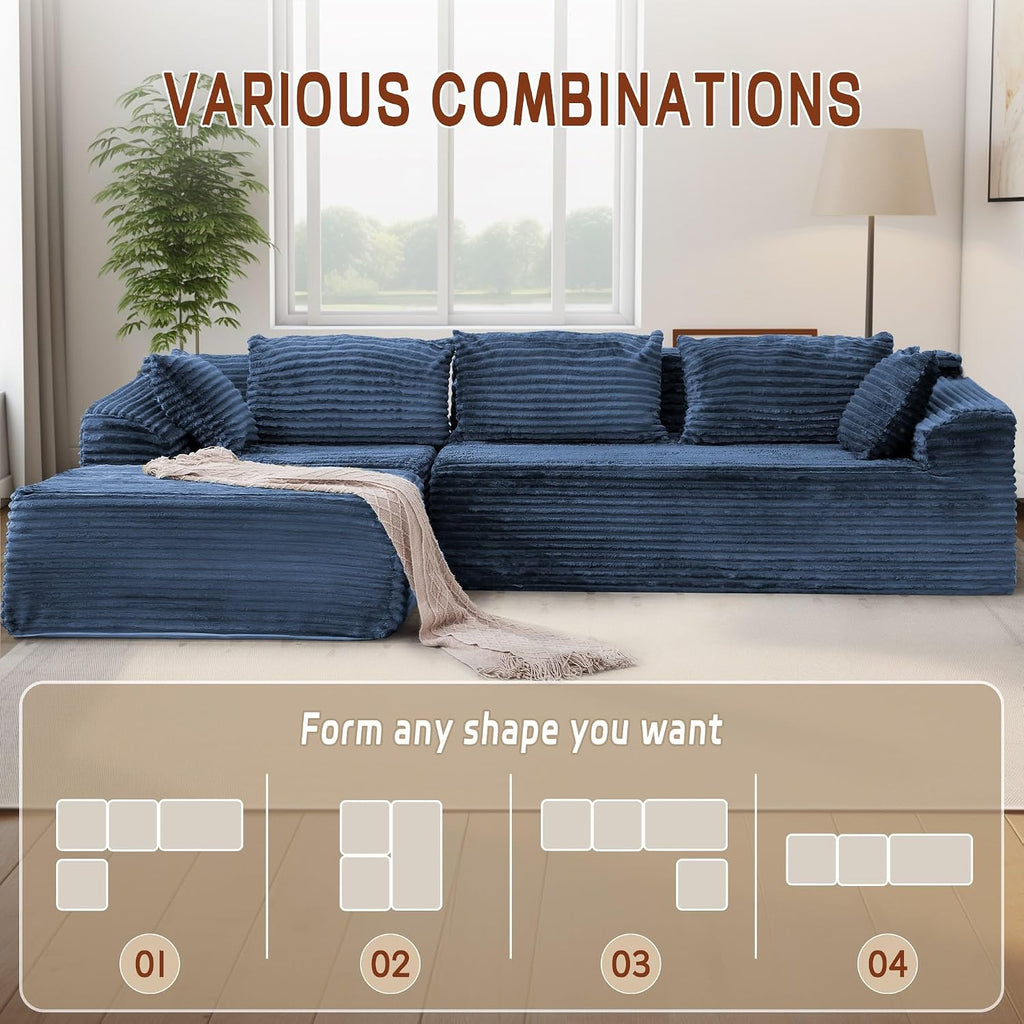 Korser 110' L-Shaped Modular Sectional Sofa with Chaise, Boneless Comfy Corduroy Fluffy Couch with Deep Seat and Side Pockets, Flexible Module Combination for Living Room, No Assembly, Side Pockets