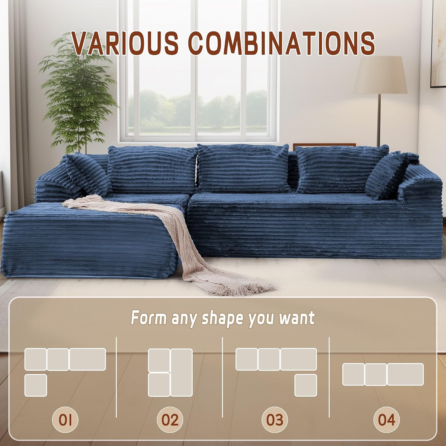 Korser 110' L-Shaped Modular Sectional Sofa with Chaise, Boneless Comfy Corduroy Fluffy Couch with Deep Seat and Side Pockets, Flexible Module Combination for Living Room, No Assembly, Side Pockets