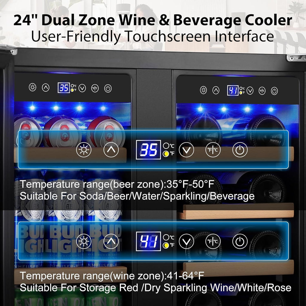 ORYMUSE 24 Inch Dual Zone Wine and Beverage Refrigerator, Built-in or Freestanding Cooler with French Doors, Drink Fridge with Upgraded Compressor for Beer, Wine, and Soda