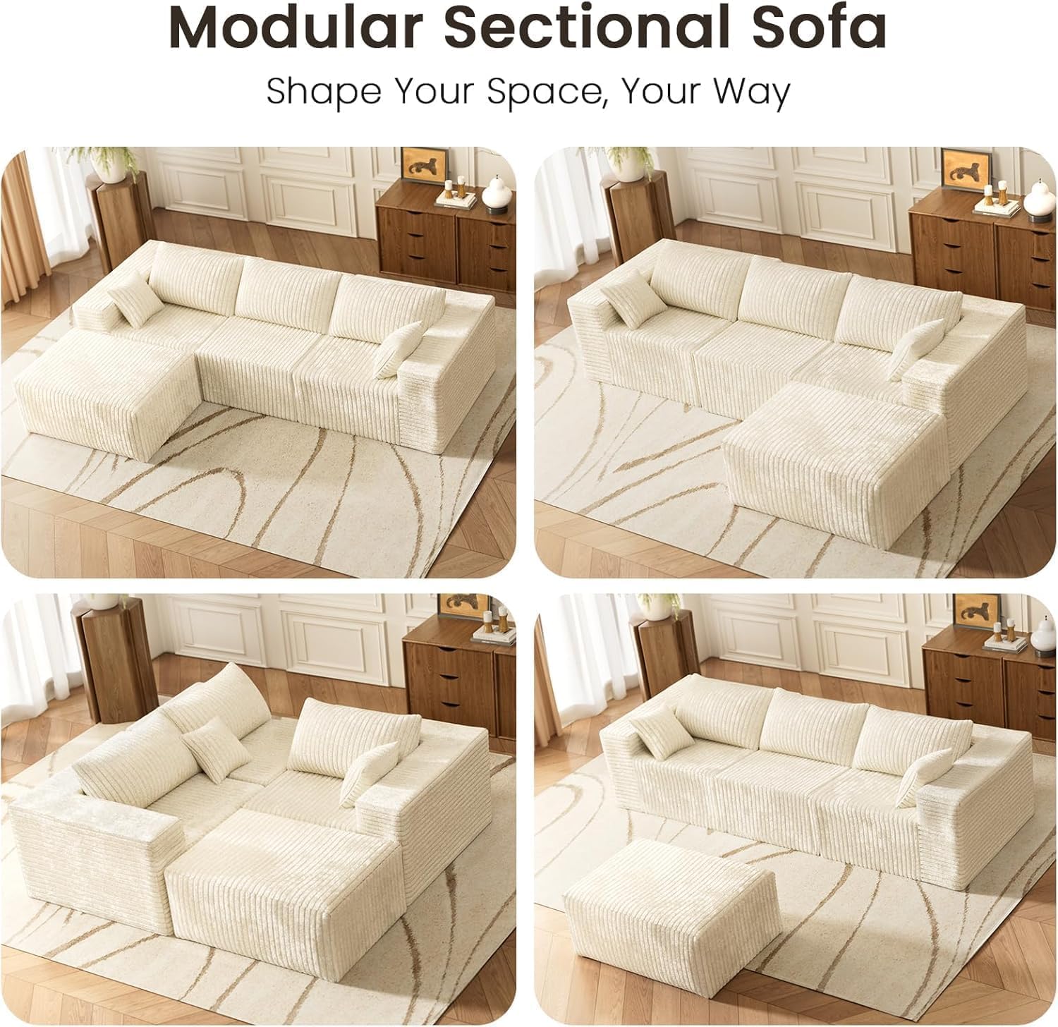110' Cloud Modular Sectional Combination Couch with Ottoman, Deep Seat L-Shaped Sofa with Oversized Lounge, Modern Corduroy Upholstered Memory Foam Sofa for Bedroom, No Assembly (Natural White)