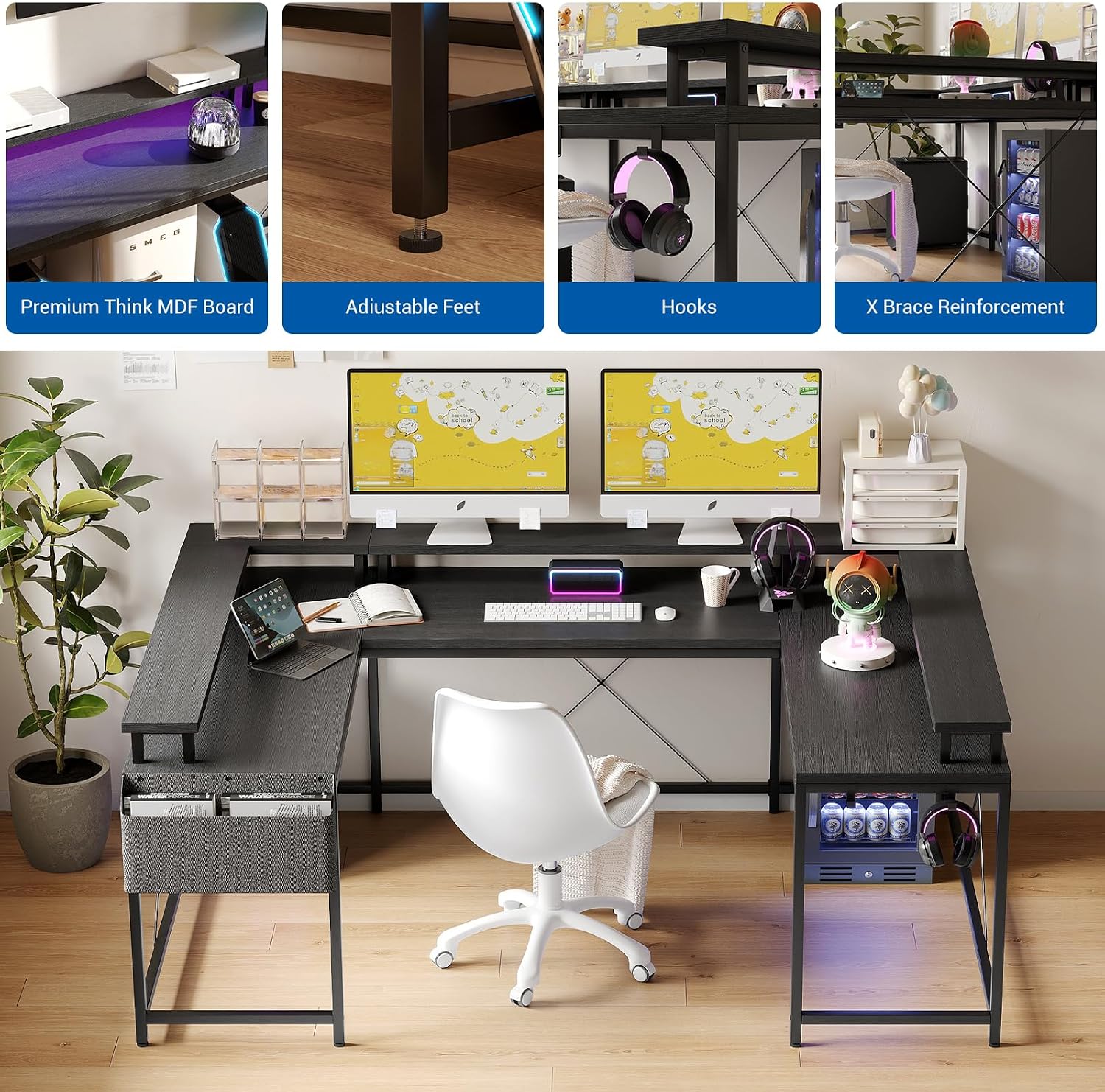 Patikuin U Shaped Desk with Power Outlets, USB Ports & RGB LED Lights, 79 Inch Large Corner Computer Desk with Monitor Stand, Reversible Gaming Desk for Home Office, Ergonomic Workstation (Black)