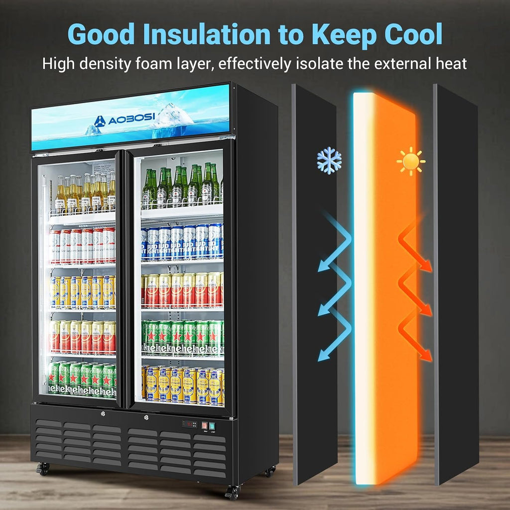 AAOBOSI 44'Commercial Merchandiser Refrigerator,27.02 Cu.Ft Glass Door Display Refrigerator,Upright Beverage Fridge with Soft LED Light,Customizable Lightbox,Universal Casters,Adjustable Shelves