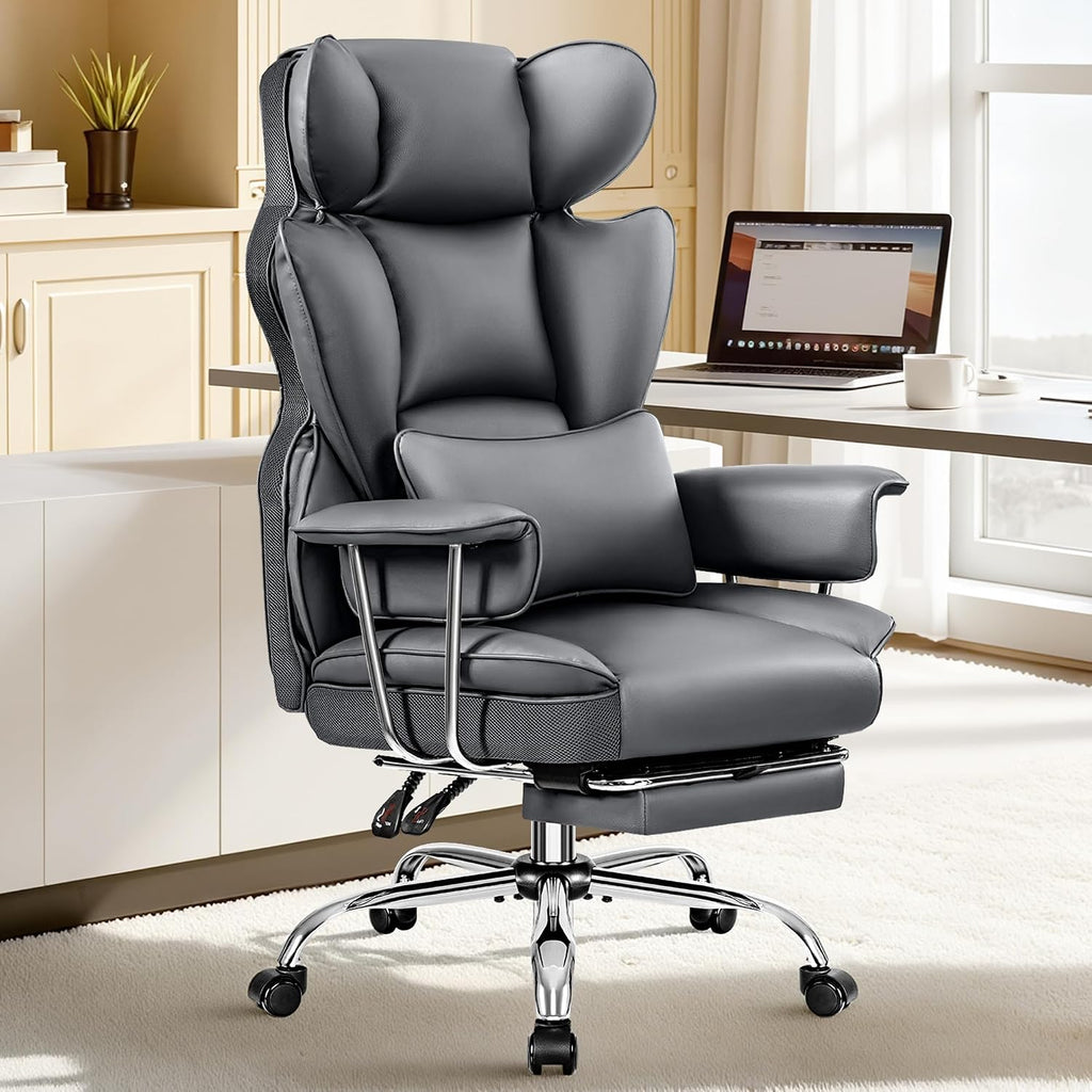 ALLGOD Office Chair Comfy, Big and Tall Executive Leather Chair, High Back Ergonomic Wide Chair with Footrest, Reclining Computer Desk Chair, Heavy Duty Gaming Chair with Padded Arm and Pillow, Grey