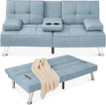 Best Choice Products Linen Modern Folding Futon, Reclining Sofa Bed for Apartment, Dorm w/Removable Armrests, 2 Cupholders - Light Blue