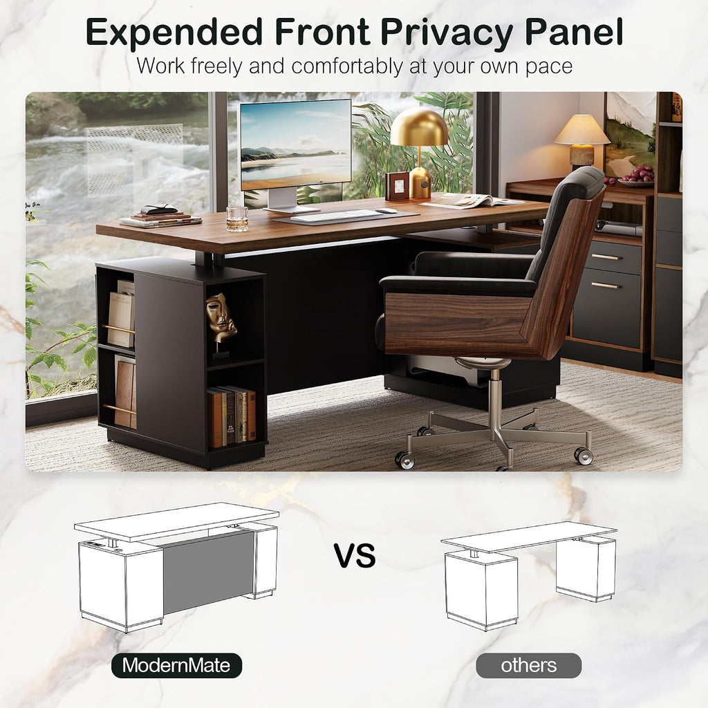 ModernMate 71' Standing Desk with File Cabinet, AC/USB, 1.18' Desktop, L Shaped Height Adjustable Desk, Electric Furniture Set with Multiple Functions for Home and Office, Black Walnut
