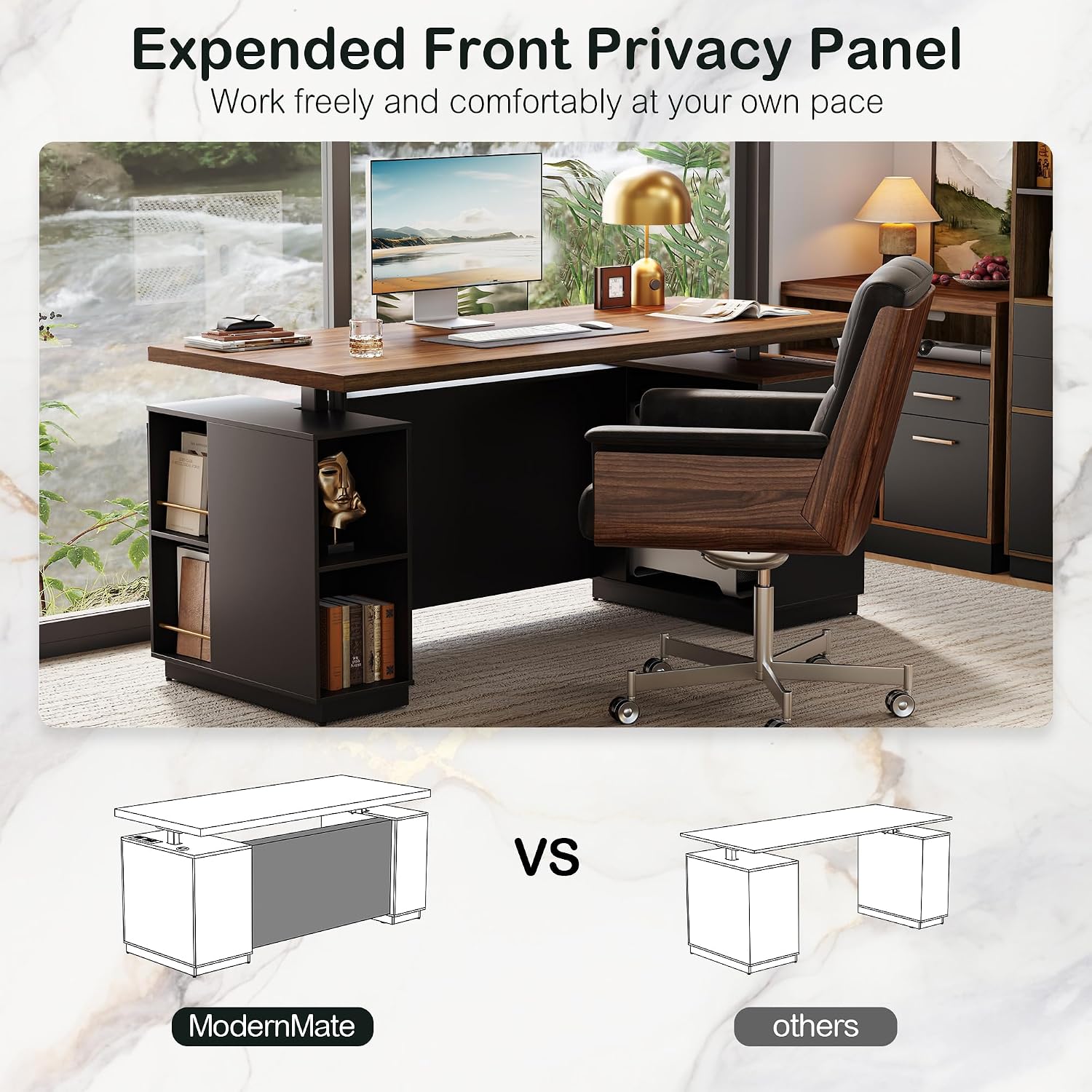 ModernMate 71' Standing Desk with File Cabinet, AC/USB, 1.18' Desktop, L Shaped Height Adjustable Desk, Electric Furniture Set with Multiple Functions for Home and Office, Black Walnut