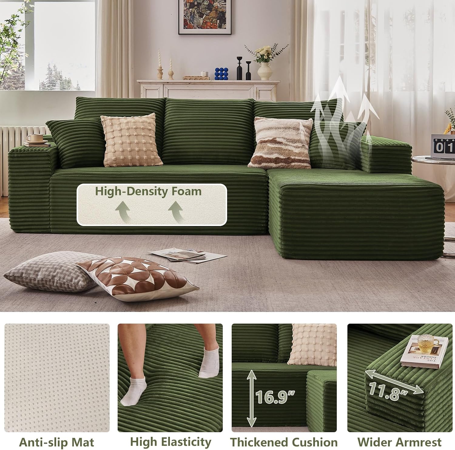 107' Cloud Sectional Couch with L-Shape Chaise, Modern Modular Comfy Sofa Chaise Longue, Upholstered Corduroy Couches Sleeper with Deep Seat for Living Room Bedroom, No Assembly Required, Green