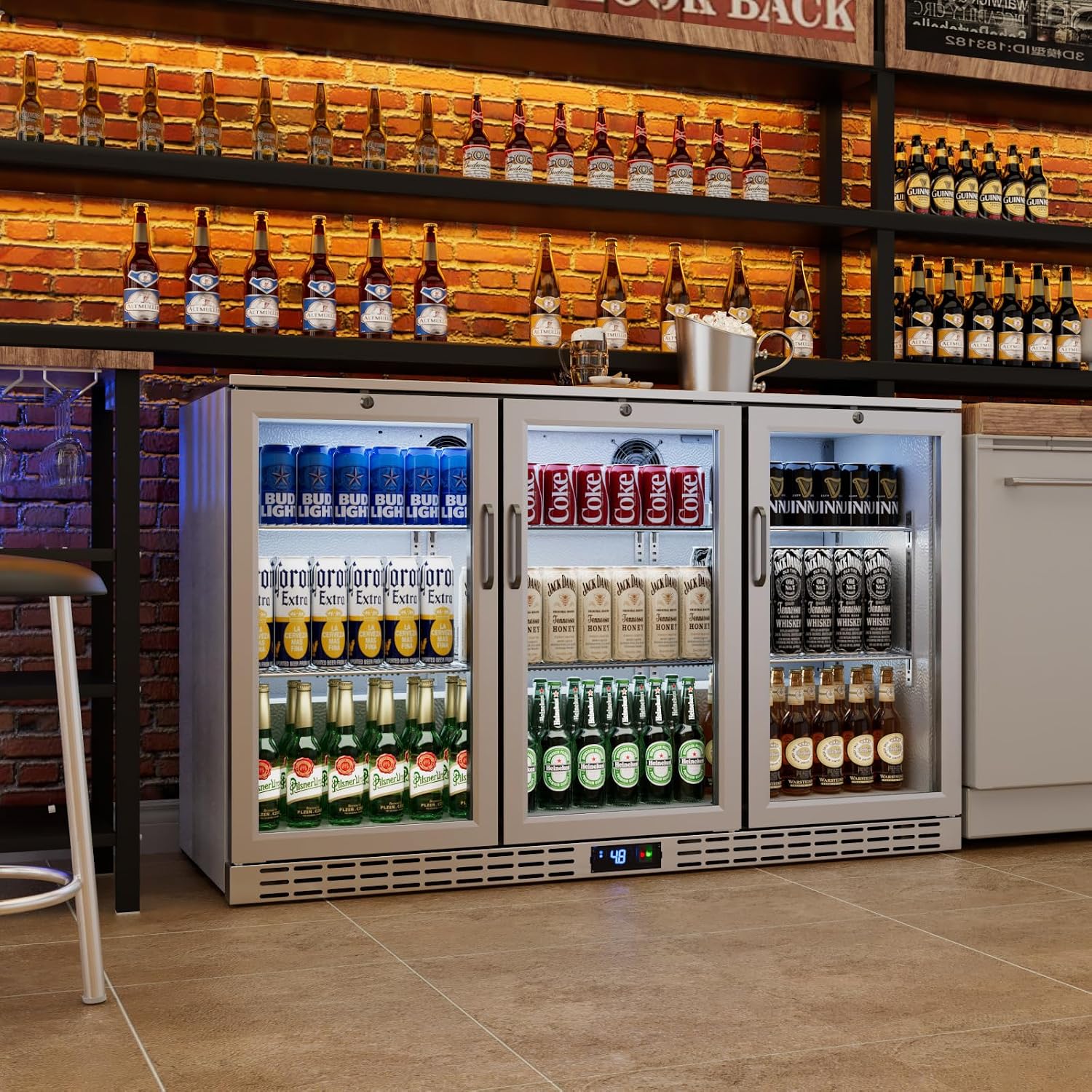 53 inch 11.7 cu.ft Back Bar Cooler Commercial Counter Height Beverage Refrigerator with 3 Glass Doors & LED Lighting, Stainless Steel Beer Fridge for Home Bar Restaurant, Sliver, 115V, ETL Approved