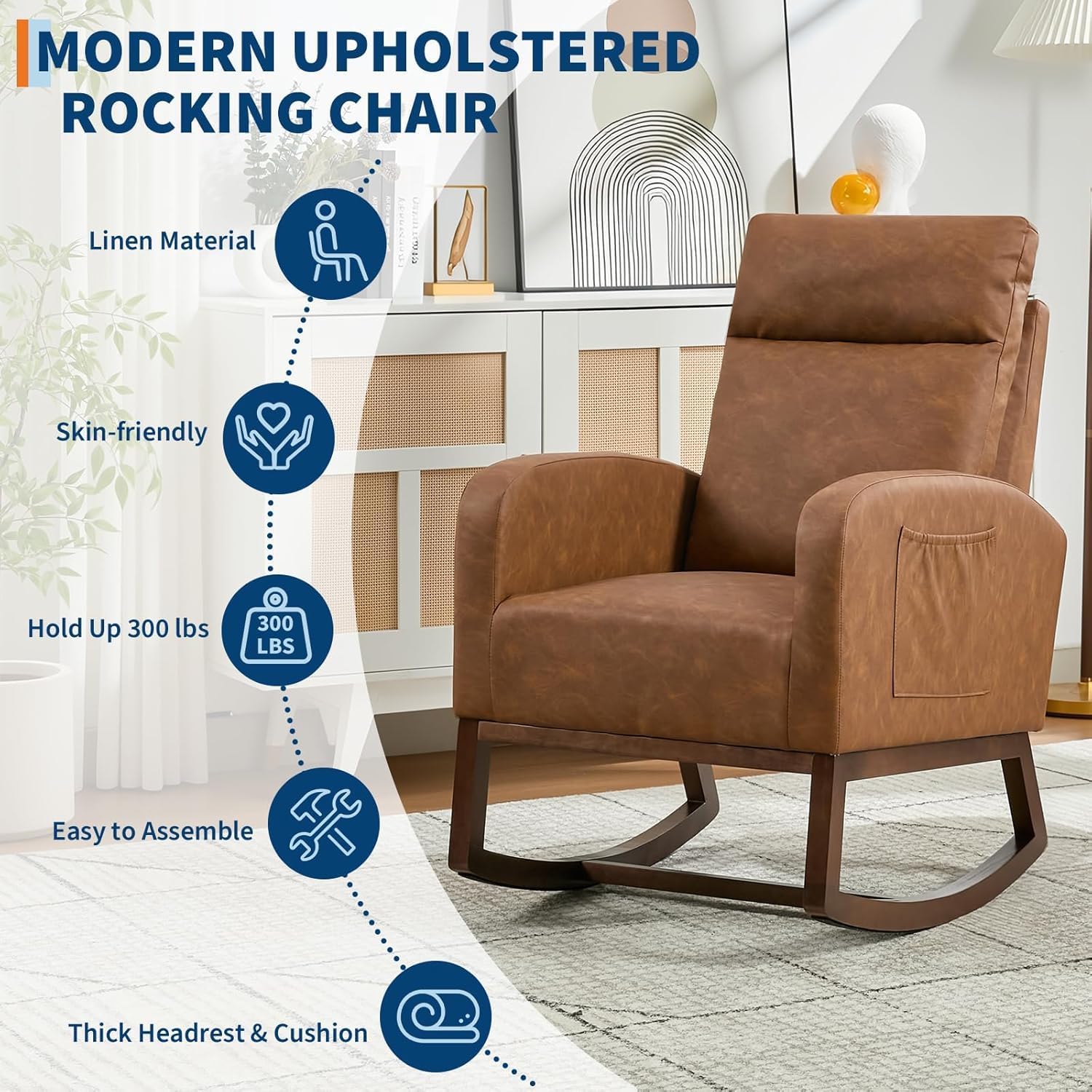 Nursery Glider Rocking Chair with 2 Side Pockets - Solid Wood Legs, Cozy Armchair for Baby Room, Living Room, Bedroom, Comfortable Nursery Essential(Rustic Brown)