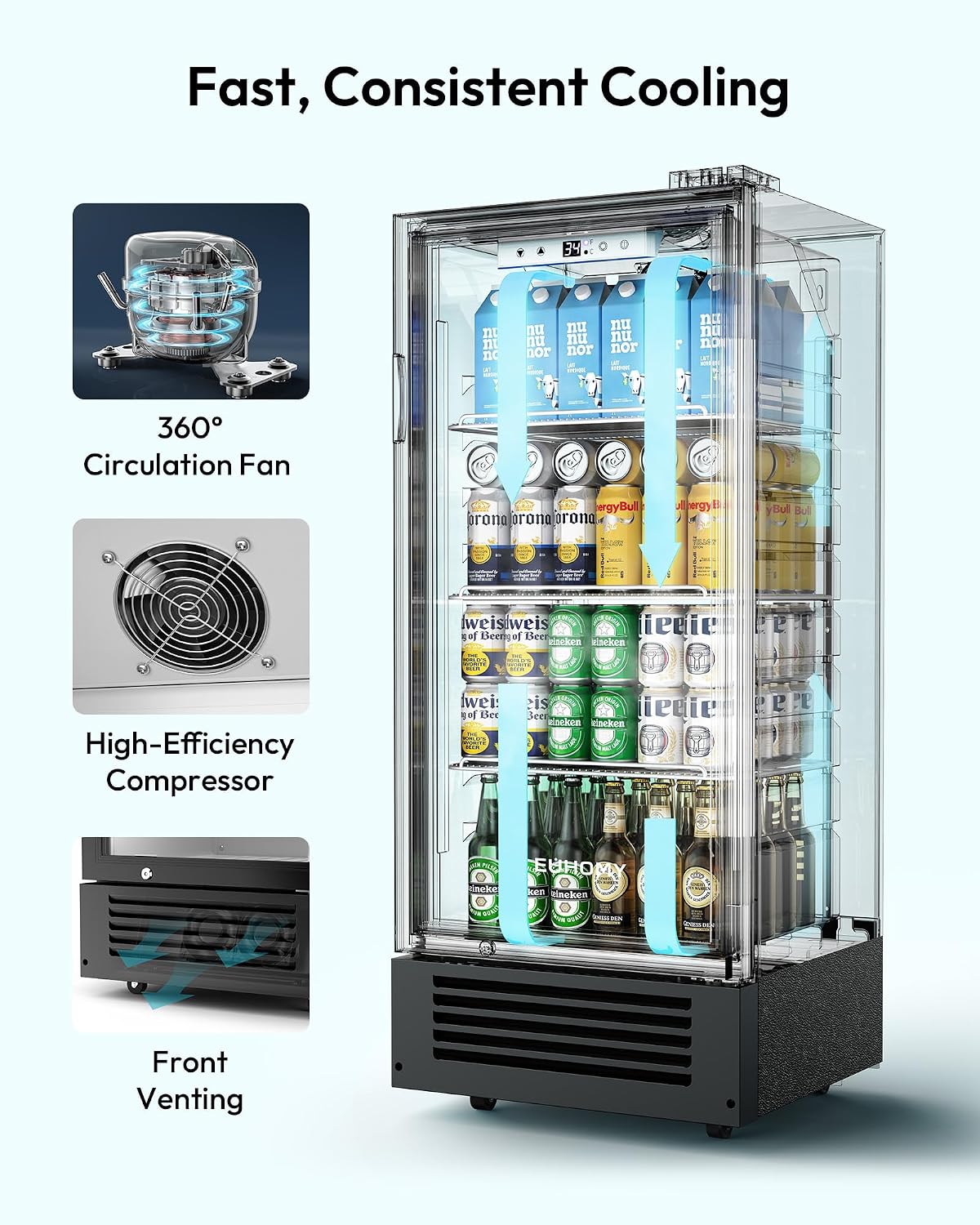 EUHOMY 6 Cu.Ft Commercial Refrigerators with Double-Tempered Glass Door, Beverage Refrigerator with Lock and Adjustable Shelves, Display Fridge with LED Light for Bar, Office, Restaurant, ETL Listed
