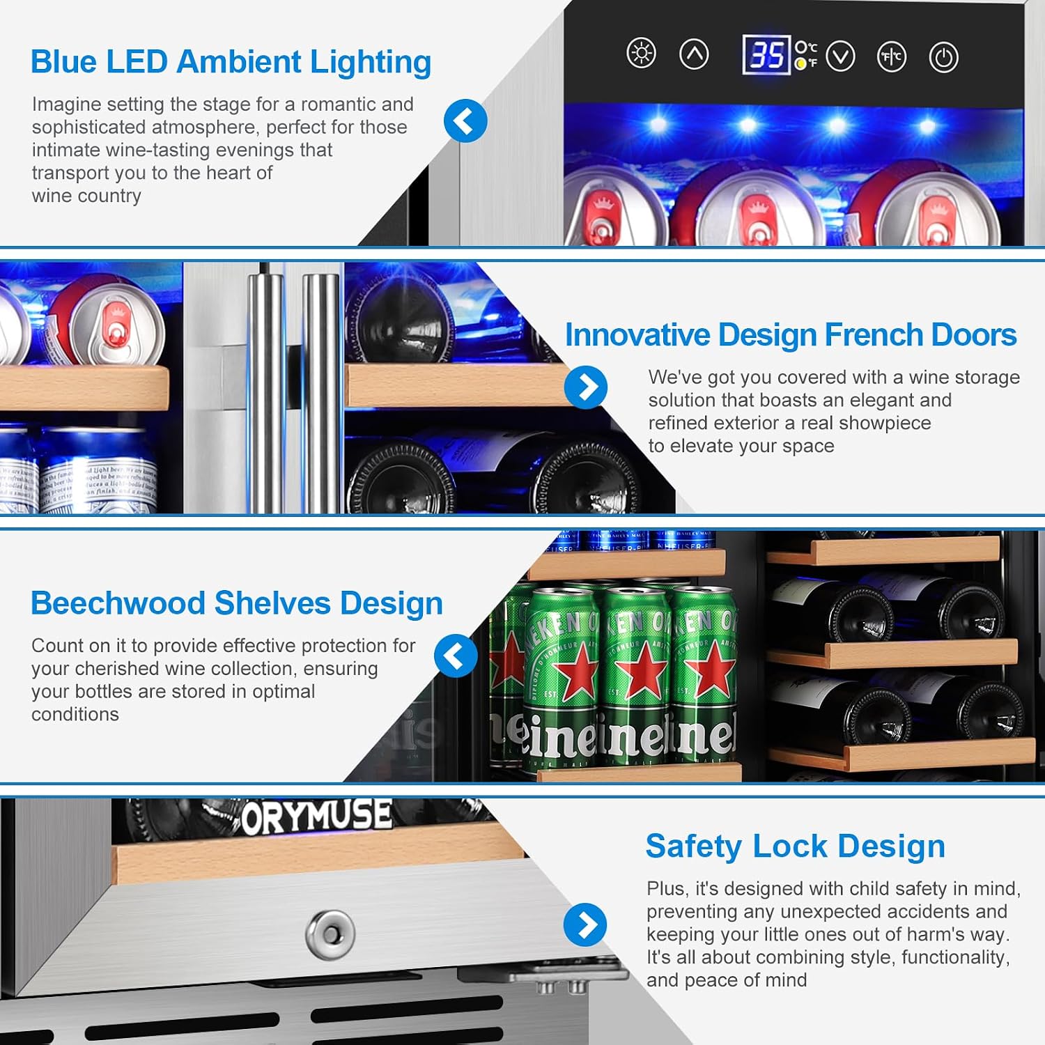 ORYMUSE 24 Inch Dual Zone Wine and Beverage Refrigerator, Built-in or Freestanding Cooler with French Doors, Drink Fridge with Upgraded Compressor for Beer, Wine, and Soda