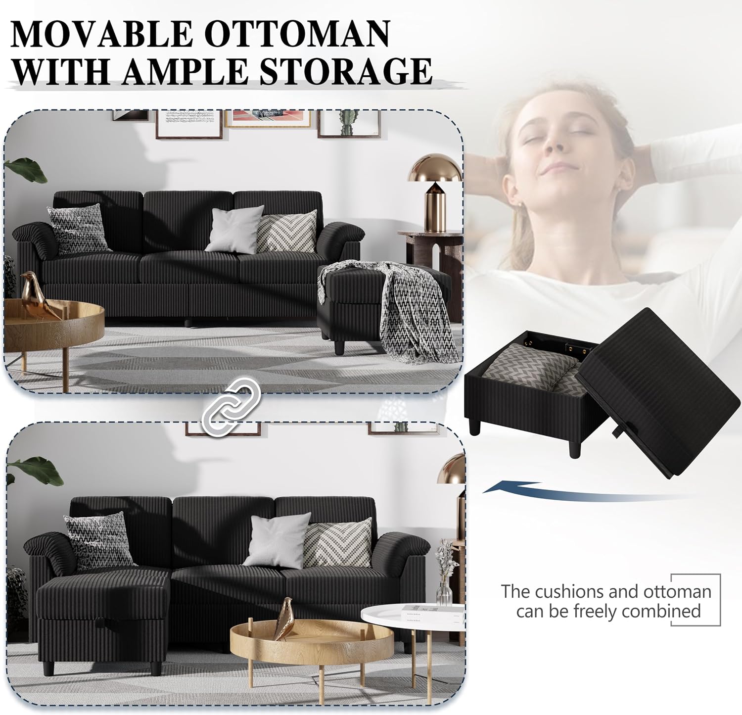 Sectional Sofa Couch for Living Room, 79' Sectional Couches with Ottoman, L Shaped Couch with Armrests Side Storage Pockage, 3-Seat Sofa Couches for Apartment, Black