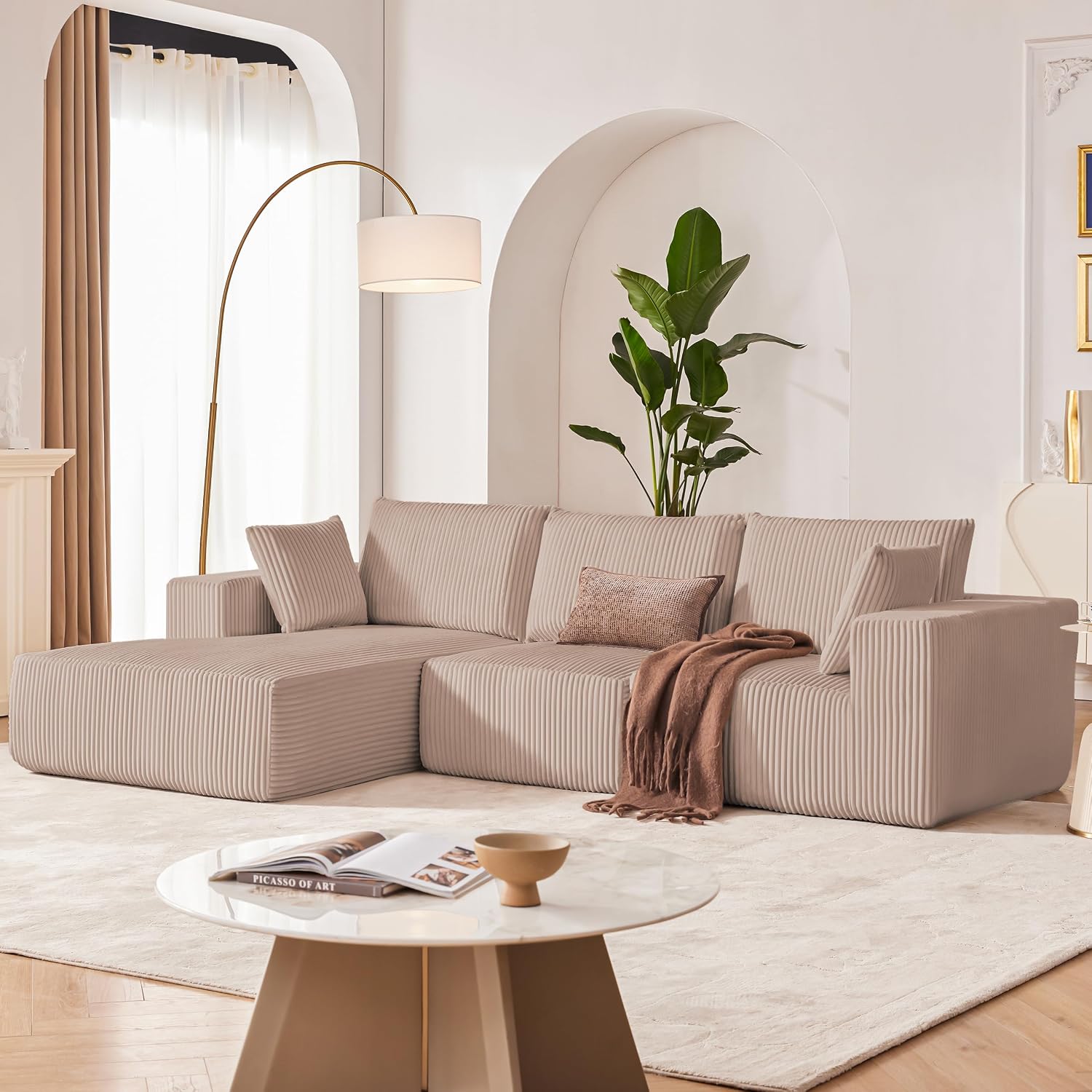 108' Modular Sectional Sofa, Cloud Sectional Couch with Deep Seat, Boneless Couches for Living Room Bedroom, Modern Modular L-Shape Sofa Couch with Chaise (Camel, Left Facing Chaise)