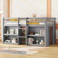 SOFTSEA Twin Size Low Loft Bed with 2-Tier Shelves and LED Light, Wood Loft Bed Frame with Guardrails for Kid, Gray