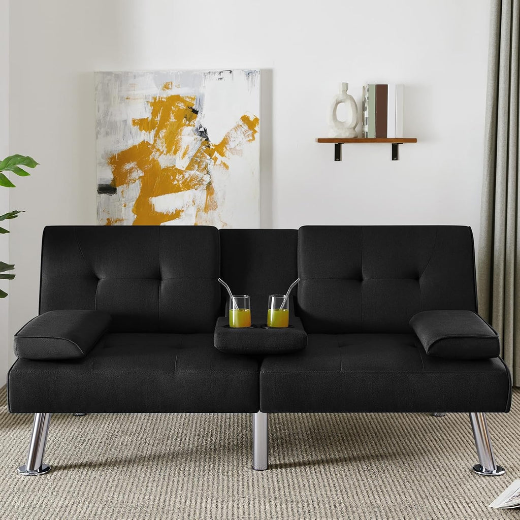Yaheetech Convertible Sofa Bed Adjustable Fabric Couch Sleeper Modern Recliner Reversible Loveseat Folding Daybed Guest Bed, Removable Armrests, Cup Holders, 3 Angles, 772lb Capacity, Black