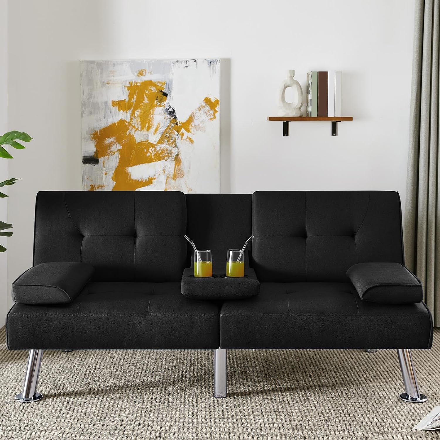 Yaheetech Convertible Sofa Bed Adjustable Fabric Couch Sleeper Modern Recliner Reversible Loveseat Folding Daybed Guest Bed, Removable Armrests, Cup Holders, 3 Angles, 772lb Capacity, Black
