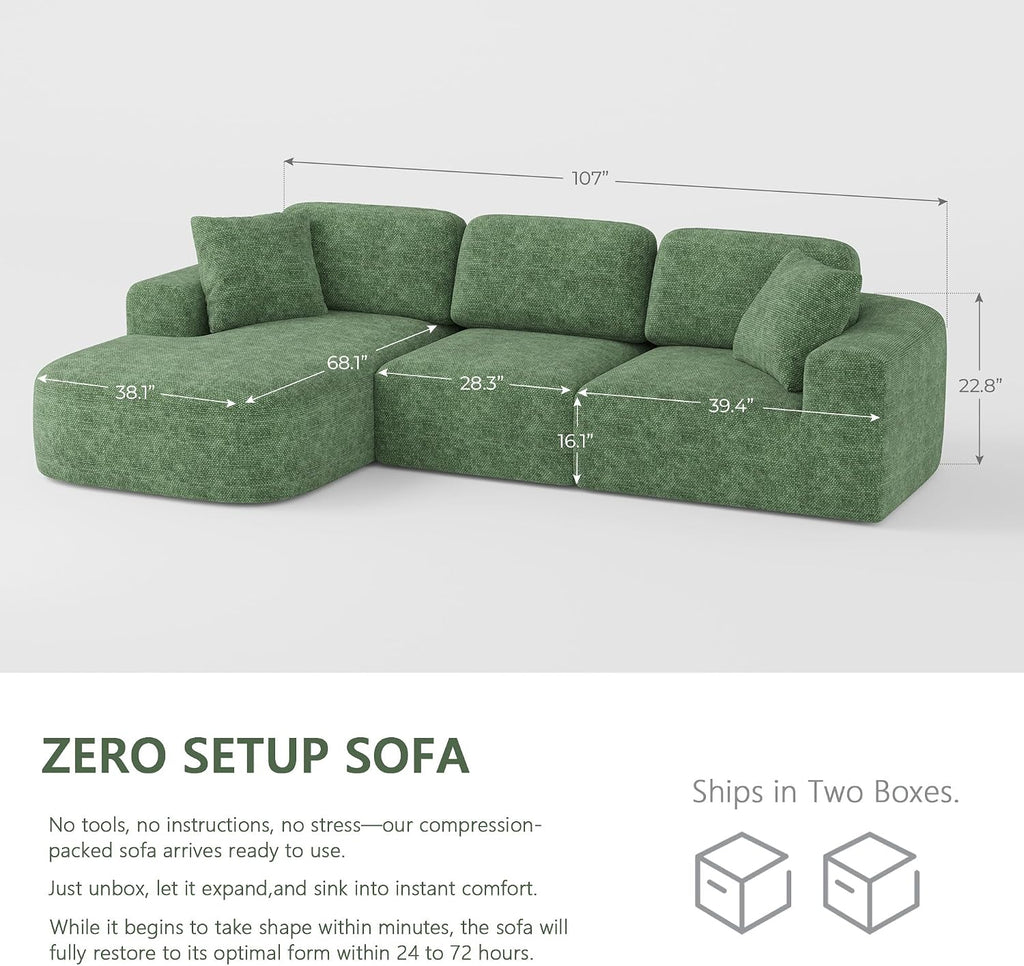 Dowinx 107'' Modular Sectional Sofa Couch with Chaise, No Assembly Required, Modern Woven-Textured Upholstery, Convertible L-Shaped Design for Living Room – Forest Green