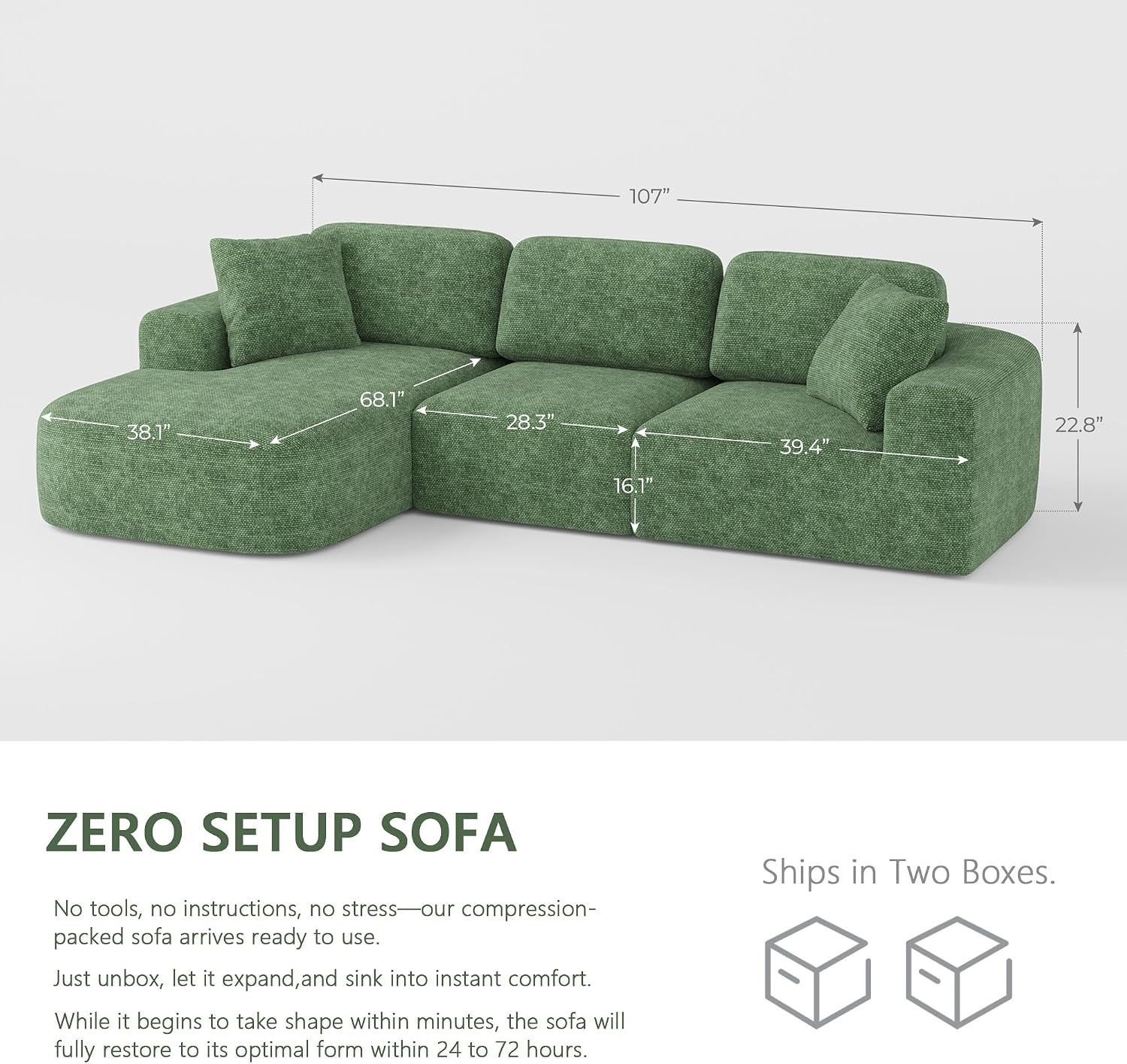 Dowinx 107'' Modular Sectional Sofa Couch with Chaise, No Assembly Required, Modern Woven-Textured Upholstery, Convertible L-Shaped Design for Living Room – Forest Green