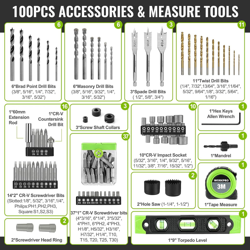 WORKPRO 20V Max Cordless Drill Driver Set, Electric Power Impact Drill Tool with 100 Pieces Accessories, 1/2'' Chuck Impact Drill Kit with Portable Case, 2 x 2.0Ah Li-ion Batteries with Fast Charger