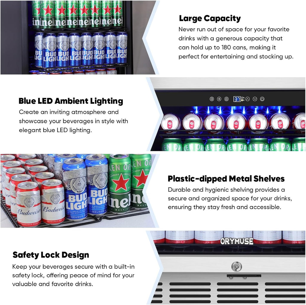 ORYMUSE 24' Beverage Refrigerator, 180 Can Under Counter Drink Cooler with Glass Door & Lock, Built-in or Freestanding Mini Fridge with Quiet Compressor Cooling for Beer, Soda & Wine