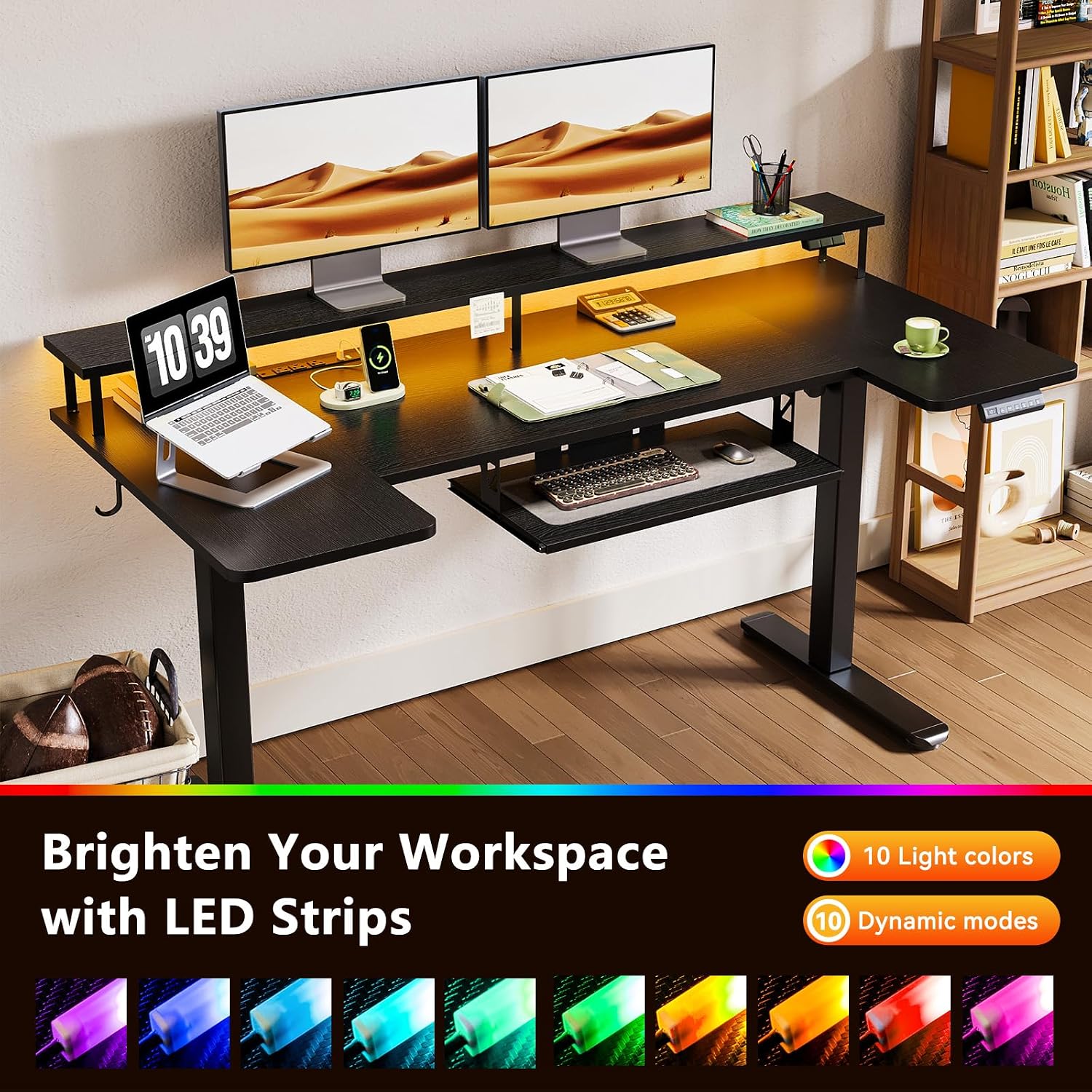 OffiGo U Shaped Electric Standing Desk with Keyboard Tray, 63 Inch Height Adjustable Desk with Power Outlets & LED Lights, Sit Stand Table with Monitor Stand for Home, Office, Black