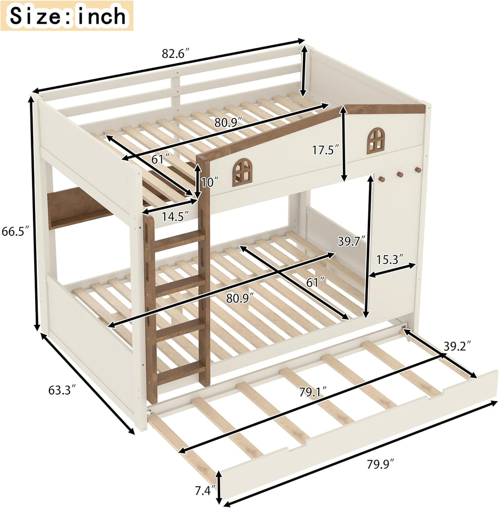 Queen Over Queen Bunk Bed with Trundle, Hooks and Storage Shelves, Solid Wood Bunk Beds for Kids Teens, Bedroom Space-Saving Furniture (Beige+Natural/T)