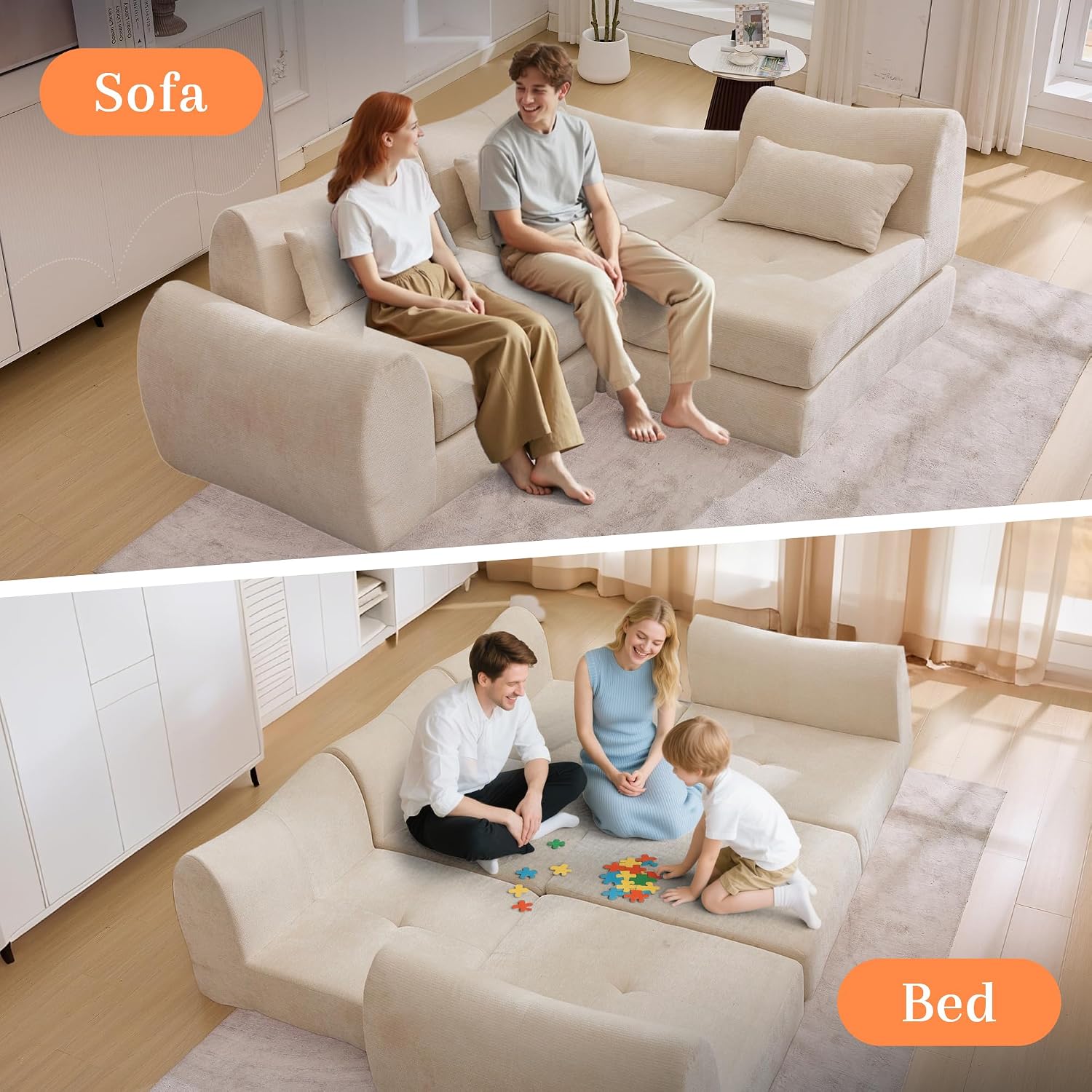 MAXMAXX 102' Modular Sectional Cloud Sofa,4-in-1 Folding Convertible Sofa Bed, Floor Boneless Couch, Modular Cushion Couch,Suitable for Living Room,Bedroom and Recreation Room(Beige)