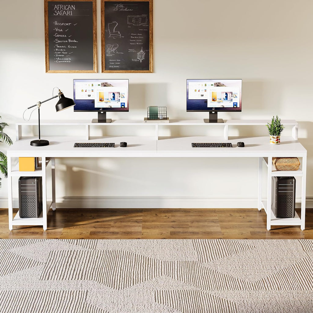 Tribesigns 78.74 Inches Extra Long Two-Person Desk, Double Computer Desk with Monitor Stand and Storage Shelves, Study Work Table for Home Office (White)