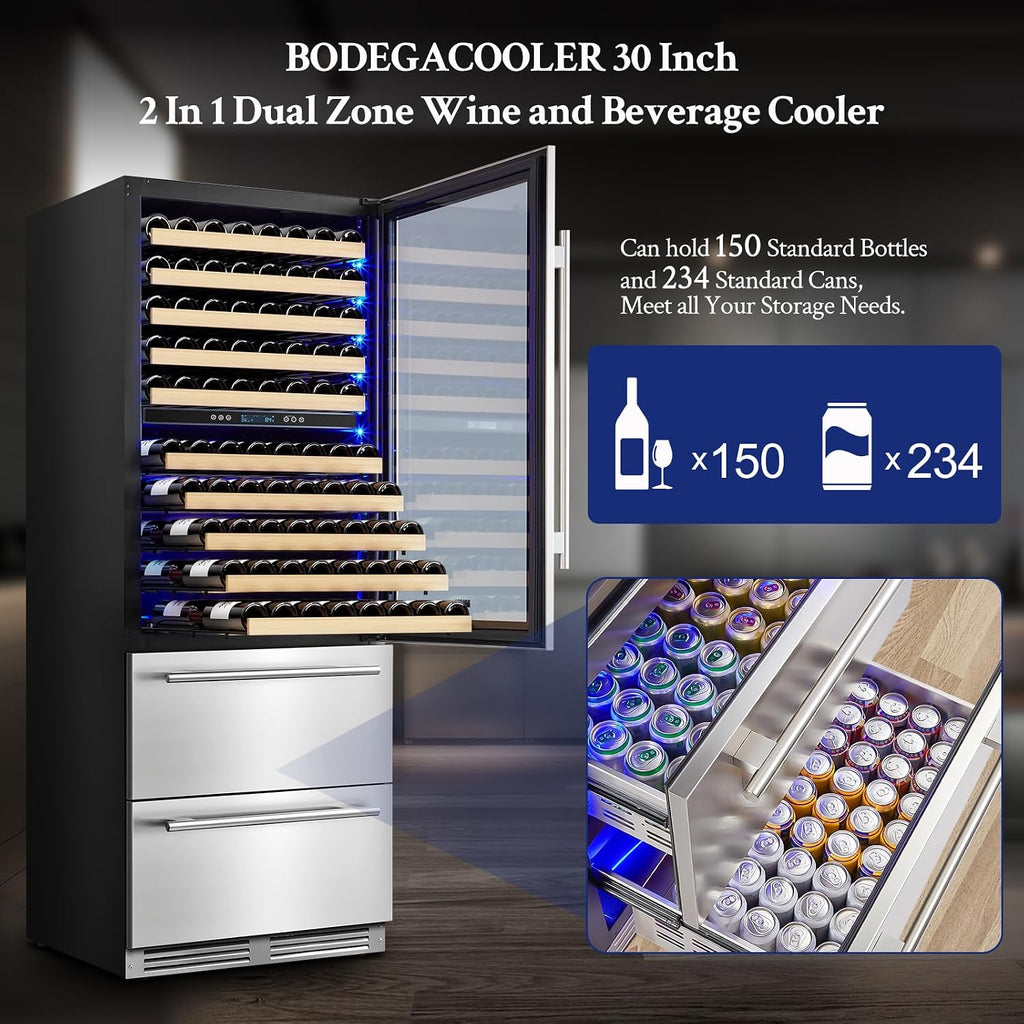 BODEGACOOLER Wine and Beverage Refrigerator, 30 Inch 2 IN 1 Dual Zone Wine Cooler,Built-in or Freestanding Beverage Cooler, Soft LED Light Hold 150 Bottles and 234 Cans