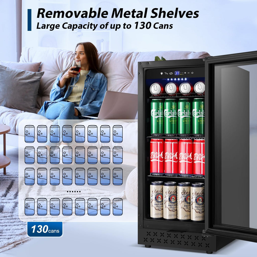 Tylza 15 Inch Beverage Refrigerator, Under Counter/Freestanding Drink Fridge, 130 Cans Beverage Cooler with Glass Door, Reversible Door, Low Noise, Quick Cooling - for Beer, Soda, ETC, Black